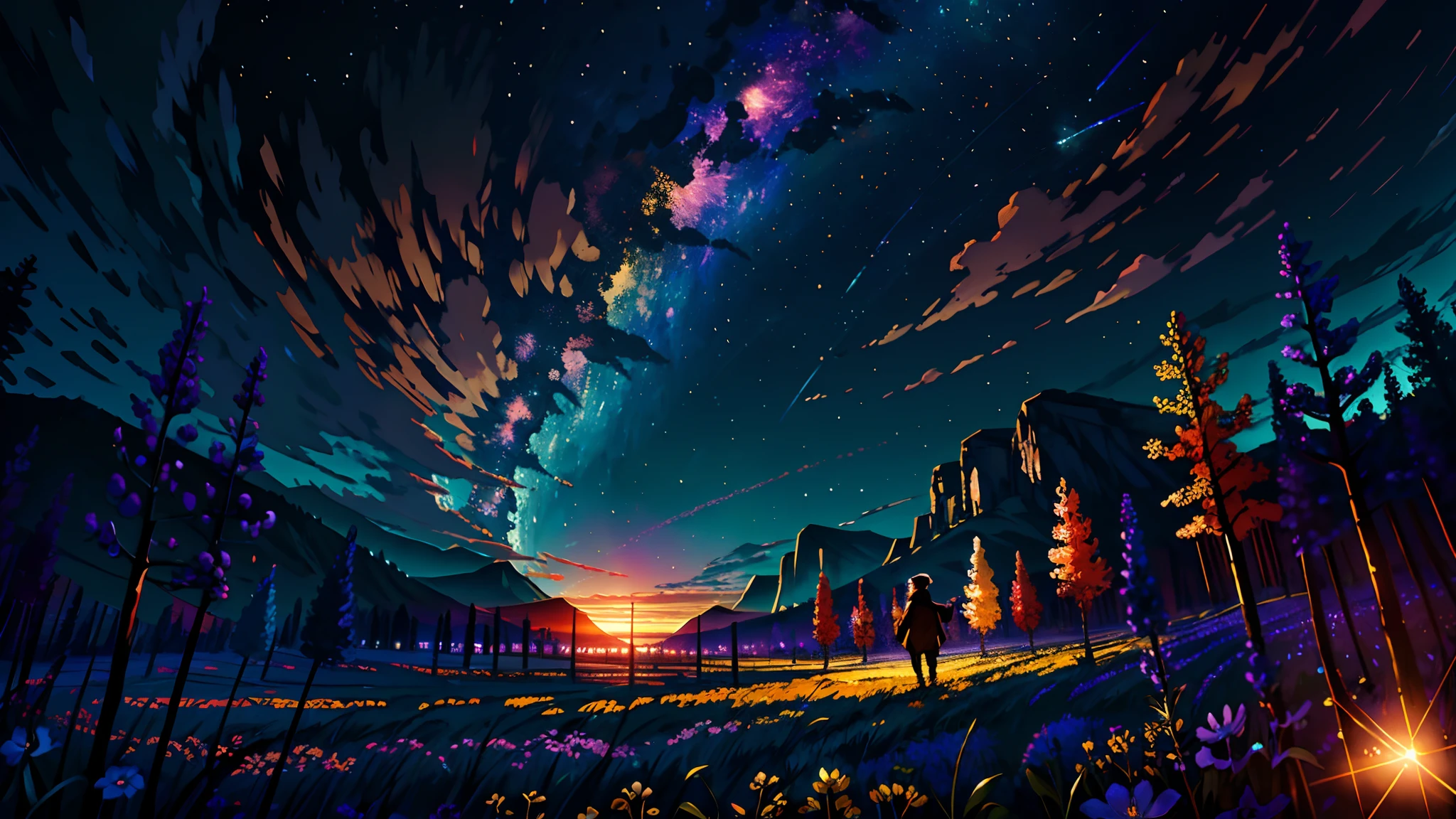 A wide landscape photo, (viewed from below, the sky is above, and the open field is below), a girl standing on a flower field looking up, (full moon: 1.2), (meteor: 0.9), (nebula: 1.3), distant mountains , Trees BREAK Crafting Art, (Warm Light: 1.2), (Firefly: 1.2), Lights, Lots of Purple and Orange, Intricate Details, Volumetric Lighting BREAK (Masterpiece: 1.2), (Best Quality), 4k, Ultra Detailed, (Dynamic Composition: 1.4), Rich in Detail and Color, (Rainbow Color: 1.2), (Glow, Atmospheric Lighting), Dreamy, Magical, (Solo: 1.2)