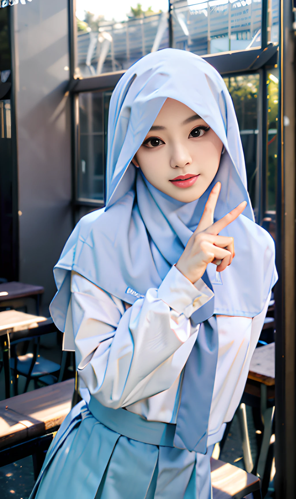 masterpiece, best quality, 8k, 85mm portrait, absurdres, beautiful girl, (upper body:1.4), cute, street,white shirt, (school uniform, white shirt, long sleeve,blue grey skirt, plain skirt, grey tie:1.2),(head covered hijab, islamic hijab, white hijab:1.1,silk clothes) shoulder covered,(Indonesia, jakarta:0.7), natural makeup, perspective, depth of field, ultra realistic, highres, photography, sharp focus,,HDR, facelight, dynamic lighting, highest detailed, extreme detailed, ultra detailed, finely detail, real skin, delicate facial features,v sign,finger v,classroom,