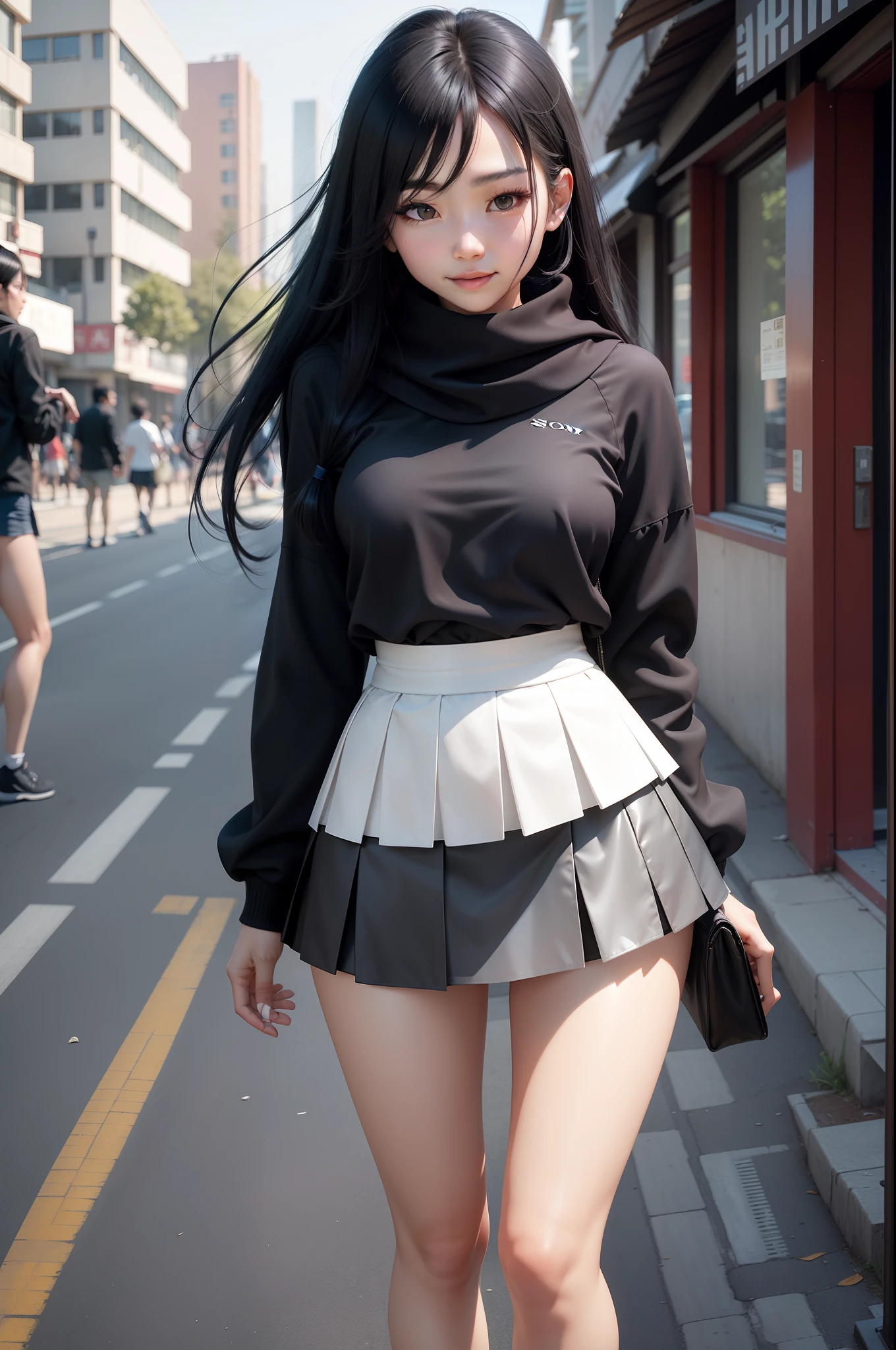 black hair, light smile, photorealestic, very realistic, streaked hair, (A 20-year-old Chinese girl with a super good look, Wear a miniskirt, Leg loops are tied around the legs all the time, 乳房1.1, Wearing a white hip skirt, On a modern street, The skirt fits perfectly to the figure, Distribute shawls, modern, Minimalism, high detail, first-person view, from above, Sony FE GM, 8k, super detail, ccurate, best quality, high details, UHD