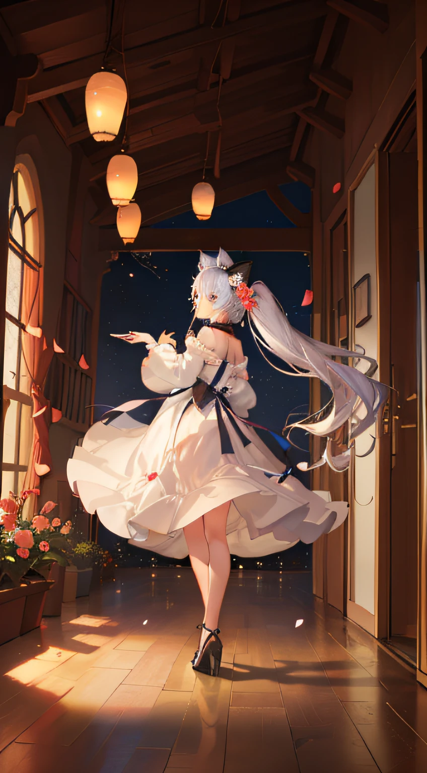 (((Multiple perspectives of the same character))), Extensive landscape photos , (Look up and down), The girl stood in a flower field and looked up, (moon full:1.2), ( meteors:0.9), (Starcloud:1.3), Flower field with white flowers, Shining flower fields, The tree , (Warm light source:1.2), (glowworm:1. 2), lamp lights, Lots of orange and blue, finely detailled, Lots of lighting breaks (tmasterpiece:1.2), (top Quority), 4k, Super dense, (dynamic compositions:1.4), Very Fine Detail, Colorful Detailed, ( Irridescent color:1.2), (luminouslighting, Atmospheric lighting), dream magical, dream magical, (独奏:1.2), Sparkling, Petals dance, whaite hair, beautiful hairl, long whitr hair, Cat ears, Back view, Magical water effect, Soap Bubbles
