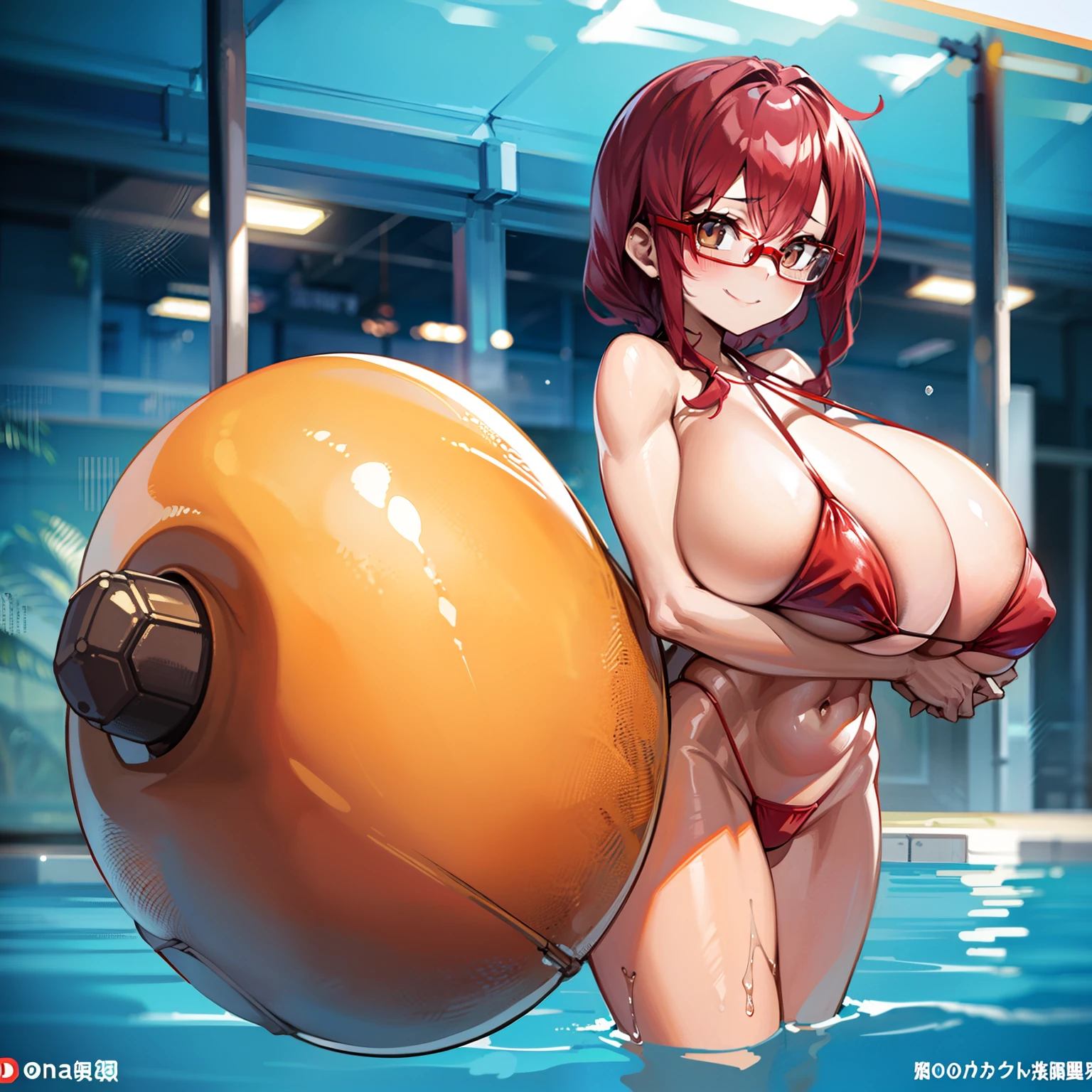  girl, Skinny red bikini, Very muscular, Long red hair, Glasses, huge tit, Huge breasts, OPPAI ratio, Short white hair, Brown eyes, Thin waist, Huge ass, Smiling, full bodyesbian, Hands on the waist, Pose sexy in the pool，No underwear，nakeness