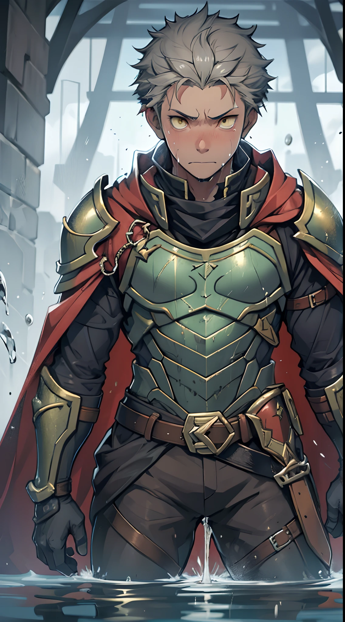 (1 Adult male),A high resolution, Sharp focus, Pixiv masterpiece, ((Complicated details)), highly detailed, natsuki_subaru, 1 man,Wear tight combat uniforms,Wear armor,perfect male figure,Urine on the trouser leg, Nervously bow your head,is shy,embarressed,exhilarated,is shocked,panicking,worry,A pool of urine formed around him,Very eager to pee,Unbearable,Wet yourself,Urine discharge,full bodyesbian,Tired,decadent, Yellow eyes(eyes glowing), Short gray hair,Armour,Tie a belt,Cloaked,Cloak,Shoulder armor,perspire,Drenched,Get wet,pissing,urine flows down the pants,look from down