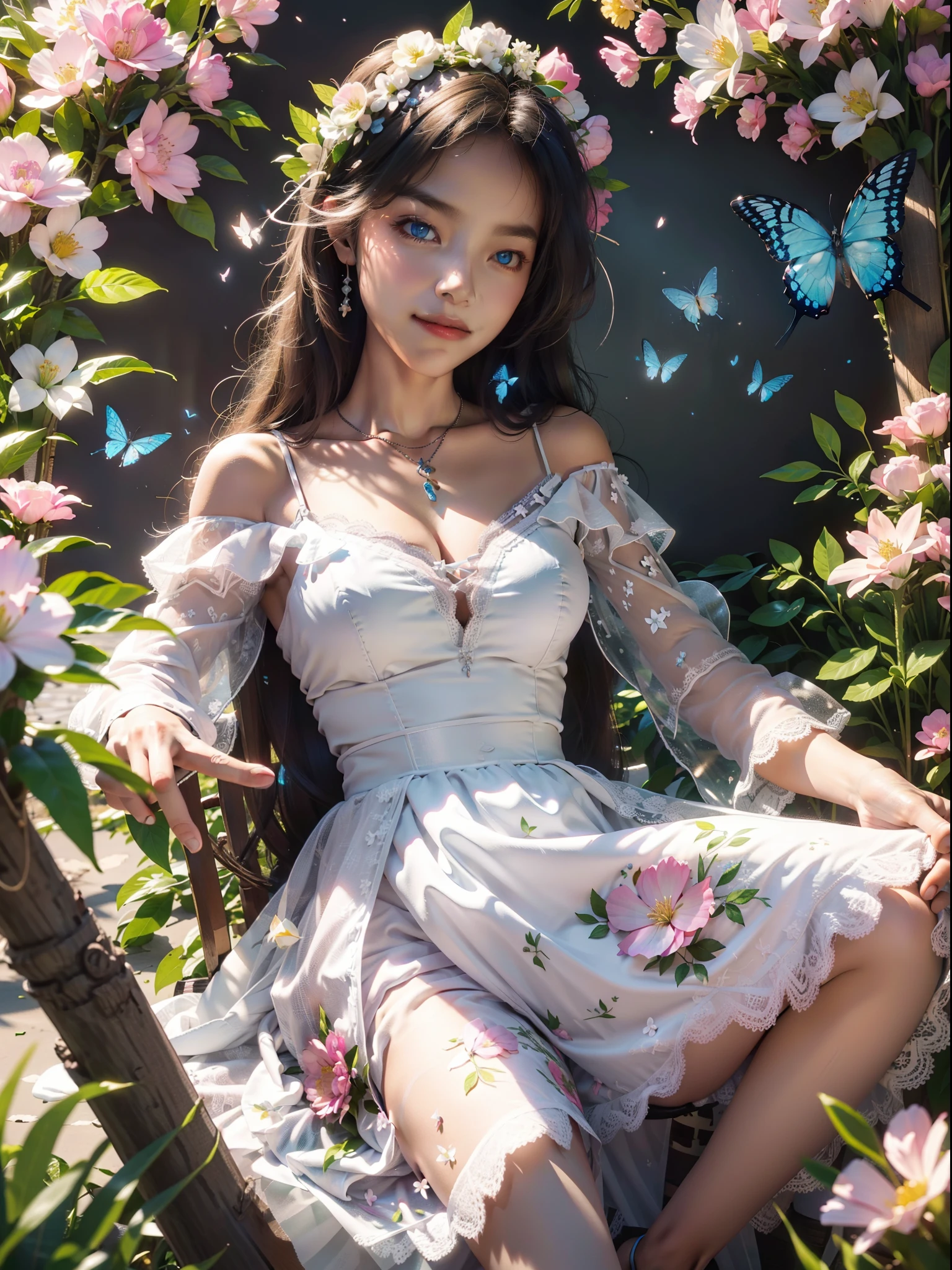 Best quality, Extremely detailed, Masterpiece, finedetail, extremelydetailedwallpaper, high resolution,(Extremely detailed Cg Unity 8K wallpaper),(Illustrations:1.3)
[(Solo), (1 girl), Pink and white hair, Long hair, Blue eyes, Light pink and white dress, Transparent butterfly wings, flower ring, Laughing\],
Spring, Sprite, symbol, Revival, Blooming flowers, chirping birds, Sprouting tree, Buds, fluttering butterflies, Nature, Beauty, joy, blissful, Rebirth, Renewal, growth, Vitality, Freshness, rejuvenation, Optimism, A new beginning, Enchantment, Wonder, magic