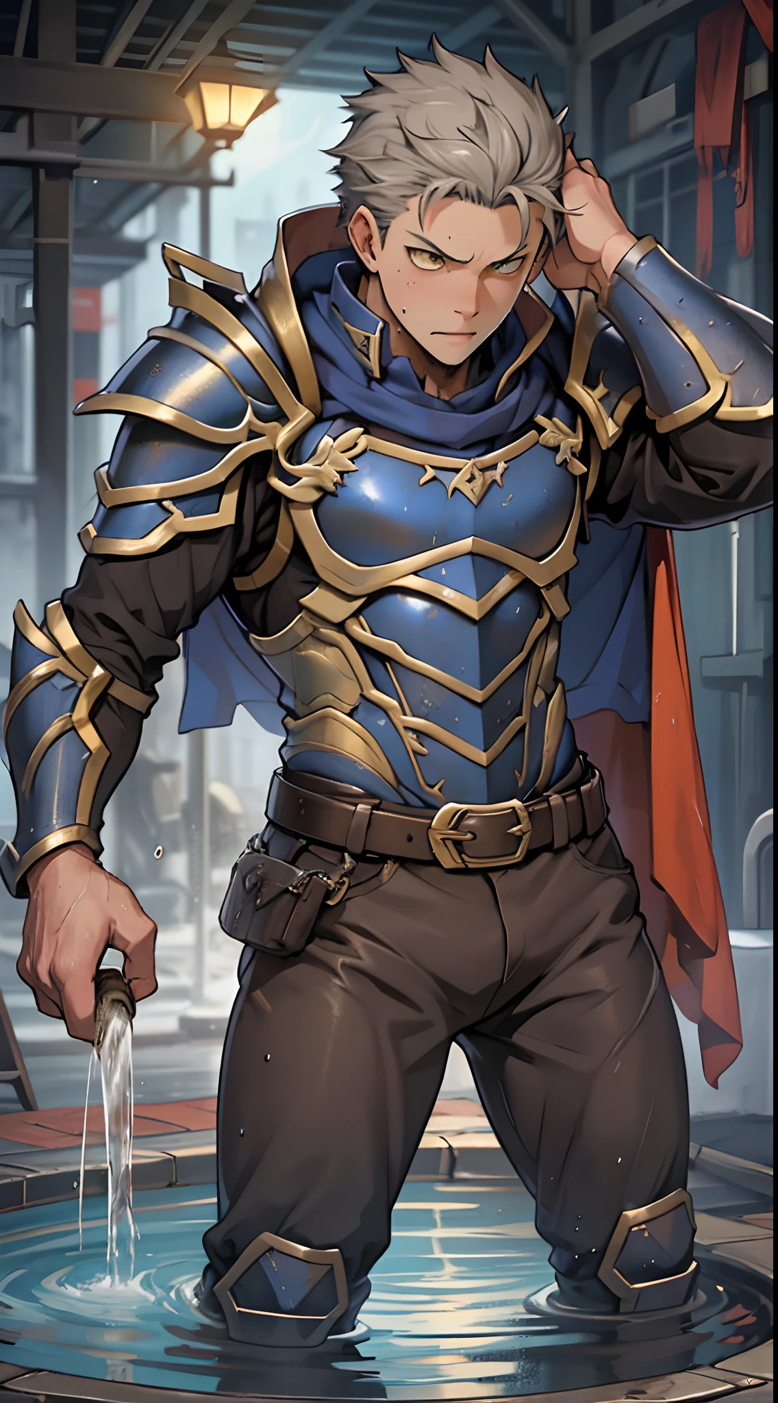 (1 Adult male),A high resolution, Sharp focus, Pixiv masterpiece, ((Complicated details)), highly detailed, natsuki_subaru, 1 man,Wear tight combat uniforms,Wear armor,perfect male figure,Urine on the trouser leg, Nervously bow your head,is shy,embarressed,exhilarated,is shocked,panicking,worry,A pool of urine formed around him,Very eager to pee,Unbearable,Wet yourself,Urine discharge,full bodyesbian,Tired,decadent, Yellow eyes(eyes glowing), Short gray hair,Armour,Tie a belt,Cloaked,Cloak,Shoulder armor,perspire,Drenched,Get wet,pissing,urine flows down the pants,look from down