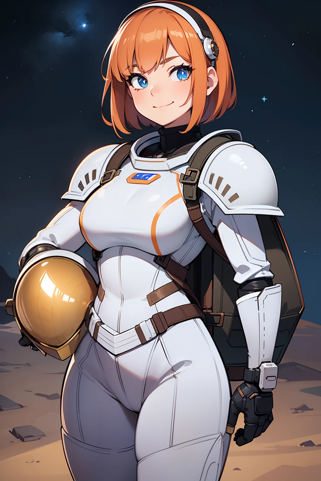 professional artwork, detailed eyes, beautiful eyes, beautiful face, flawless face, gorgeous face, smooth features, blush, short hair, beautifully detailed background, adventurous astronaut knight in armored space suit holding glowing sword made of plasma, space suit looks like knight armor, space suit, thick heavy space suit, environment suit, hoses and tubes on suit, dials and switches, space suit backpack, nasa, nasa punk, nasapunk, astronaut, astronaut suit, cosmonaut, medieval knight, knight armor, leather armor and metal armor, mechanical background, sci fi, science fiction, futuristic, fantasy armor, full plate armor, medieval armor, knight helmet, knight visor, grilled faceplate, large helmet, big helmet, heavy collar, vacuum seal ring around neck, life support systems, rustic material, heavy stitching, thick leathers, armored breastplate, armored chest, leather gloves, rustic craftsmanship, adventurous, adventure, cute, smiling, shoulder pads, armor, white and orange outfit, heraldry