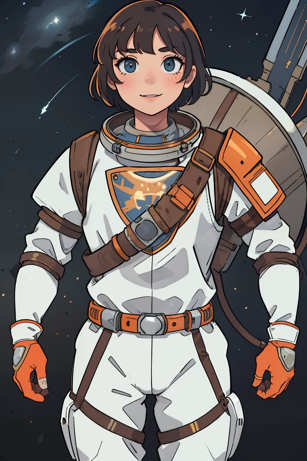 professional artwork, detailed eyes, beautiful eyes, beautiful face, flawless face, gorgeous face, smooth features, blush, short hair, beautifully detailed background, adventurous astronaut knight in armored space suit holding glowing sword made of light, space suit looks like knight armor, space suit, thick heavy space suit, environment suit, hoses and tubes on suit, dials and switches, space suit backpack, nasa, nasa punk, nasapunk, astronaut, astronaut suit, cosmonaut, medieval knight, knight armor, leather armor and metal armor, mechanical background, sci fi, science fiction, futuristic, fantasy armor, full plate armor, medieval armor, knight helmet, knight visor, grilled faceplate, large helmet, big helmet, heavy collar, vacuum seal ring around neck, life support systems, rustic material, heavy stitching, thick leathers, armored breastplate, armored chest, leather gloves, rustic craftsmanship, adventurous, adventure, cute, smiling, shoulder pads, armor, white and orange outfit, heraldry