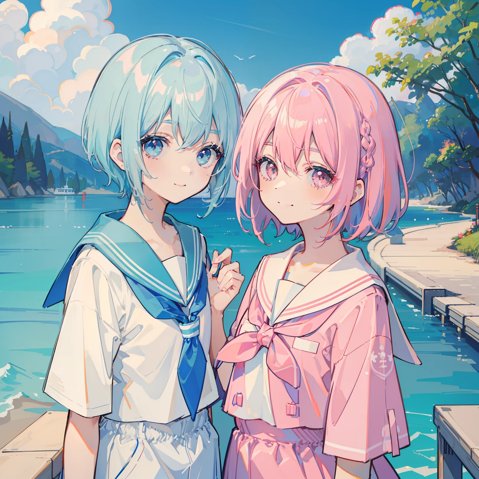 a smile、Pastel pink hair、Pastel blue hair、short-hair、Braids、2guys、2 girls in、looking at the viewers、girl with、a sailor suit、Red sailor suit、Crystal clear white skin