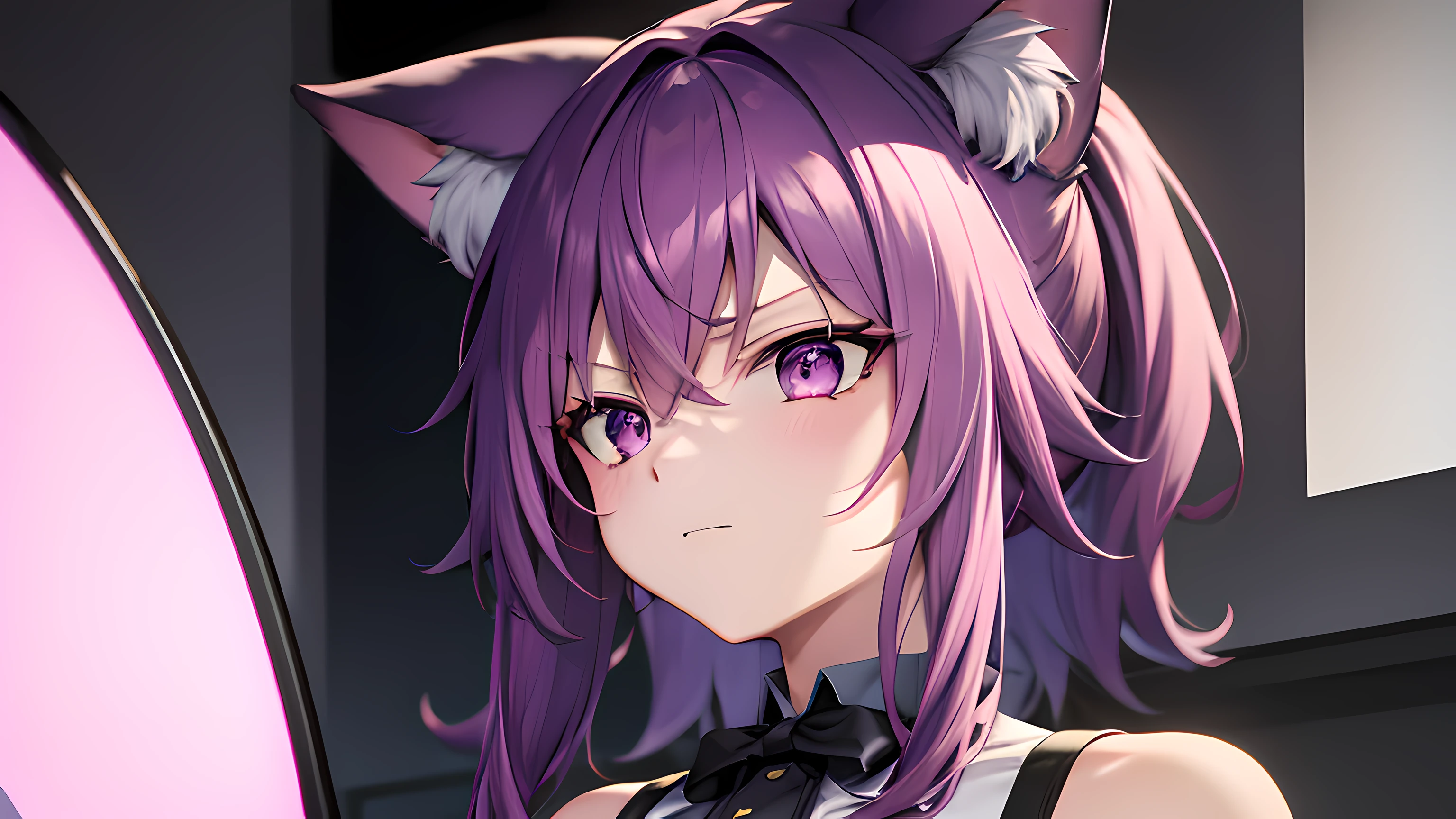 Purple hair, hair over shoulders, eyes reflection, eyeball, Cat ears, Angry, ribbon, surrealism, Cinematic lighting, Ray tracing, color difference, High quality, A high resolution, Super detail, Anatomically correct, Textured skin, Best quality