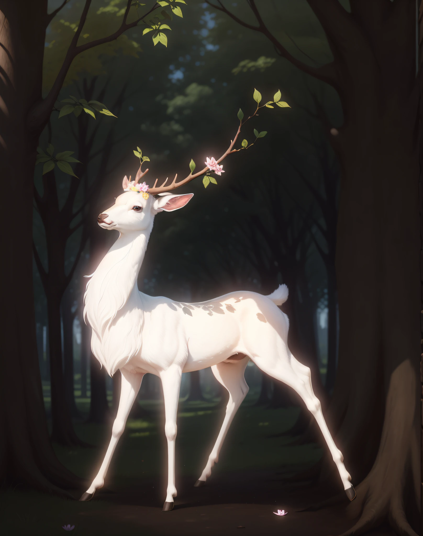 with a park in the background,Bright sunshine,The sky is fluttering with leaves and petals,There is a tower in the distance of the woods,There are clouds in the sky,The eyes of the deer are bright,Antlers become regular branches,There are a lot of flowers on the branches
