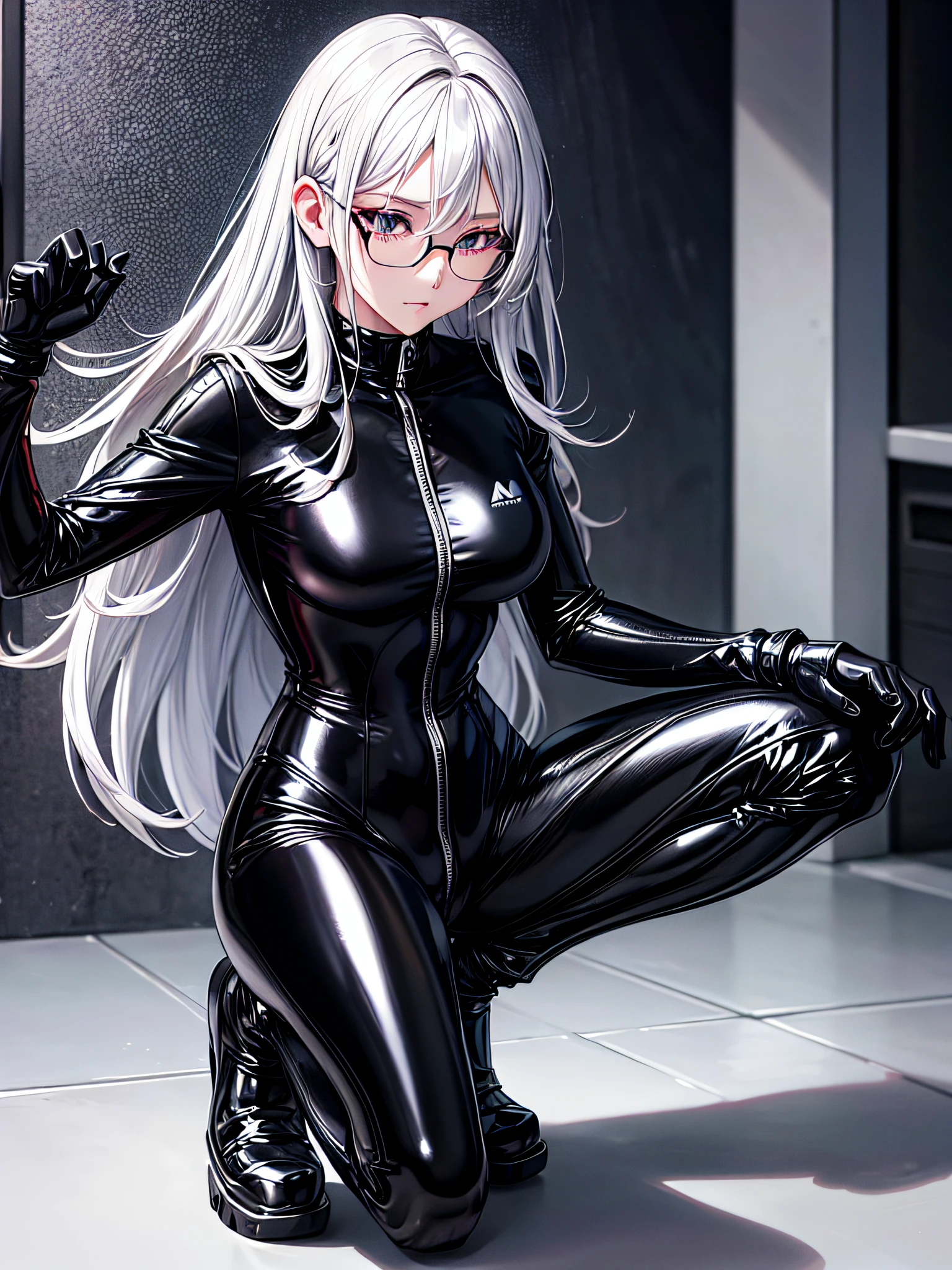 5 8K UHD、A beautiful woman with shiny black rider suit with silver hair and a small nose wearing glasses with her skin hidden up to the tips of her shiny black fingertips is looking down with her crotch wide open and squatting down.、Late night city、Wearing a shiny black latex slider suit with hidden skin、Shiny black latex slider suit、Beautiful-nosed woman with open legs with no expression and upward eyes、A beautiful woman with a small nose standing on her knees with her crotch open、NSFW