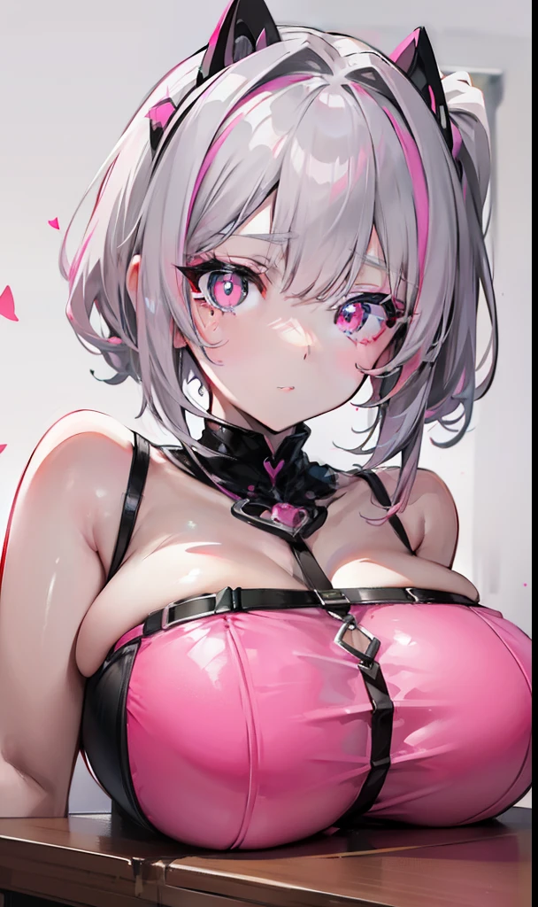 Dark pink pupils,There is a pink heart in the pupil,Pink gray hair,Black and white and pink matching clothes,It's a very sexy,A beautiful girl with a lot of desire