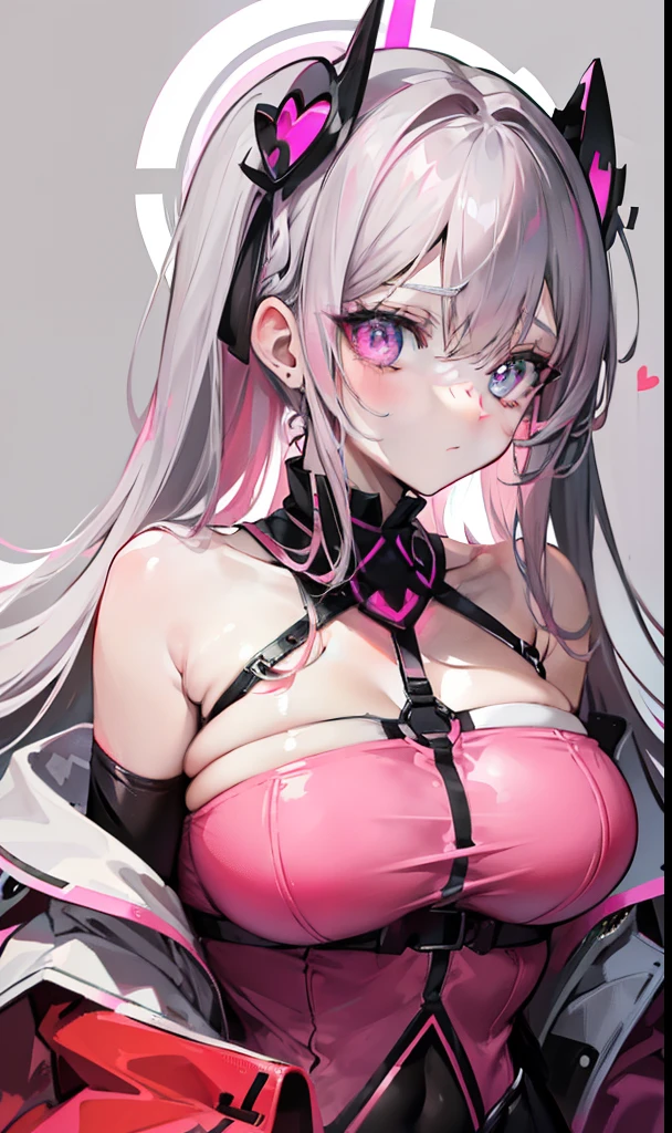 Dark pink pupils,There is a pink heart in the pupil,Pink gray hair,Black and white and pink matching clothes,It's a very sexy,A beautiful girl with a lot of desire