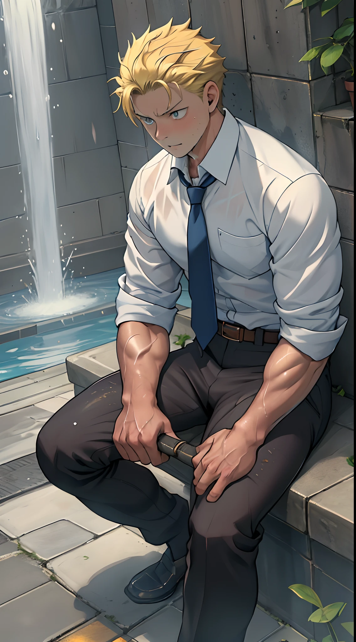 (1 Adult male),A high resolution, Sharp focus, Pixiv masterpiece, ((Complicated details)), highly detailed, natsuki_subaru, 1 man,perfect male figure,Urine on the trouser leg, Nervously bow your head,is shy,embarressed,exhilarated,is shocked,panicking,worry,A pool of urine formed around him,Very eager to pee,Unbearable,Wet yourself,Urine discharge,full bodyesbian,sit astride,Tired,decadent, blue color eyes(eyes glowing), Black hair short hair,Blue plaid shirt,Wear a tie,Wear a belt,trousers,perspire,Drenched,Get wet,pissing,urine flows down the pants,look from down