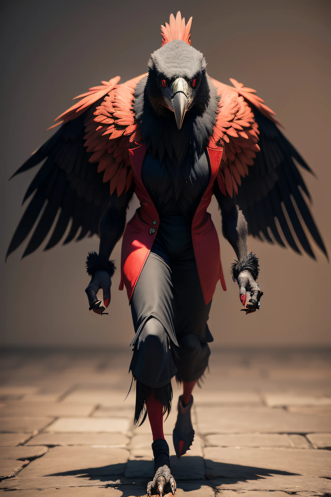 vulture animal, with strong human body angry face in red and black, 3D full body