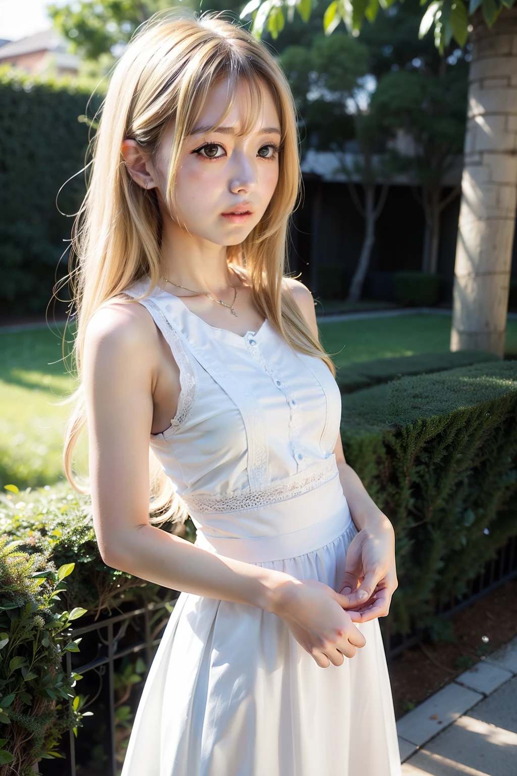 A blonde female character with long hair、With a similar appearance to Nanase Nishino、Slightly lower nose、Wearing pure white sleeveless and long skirt、Draw beautifully even the smallest details。
