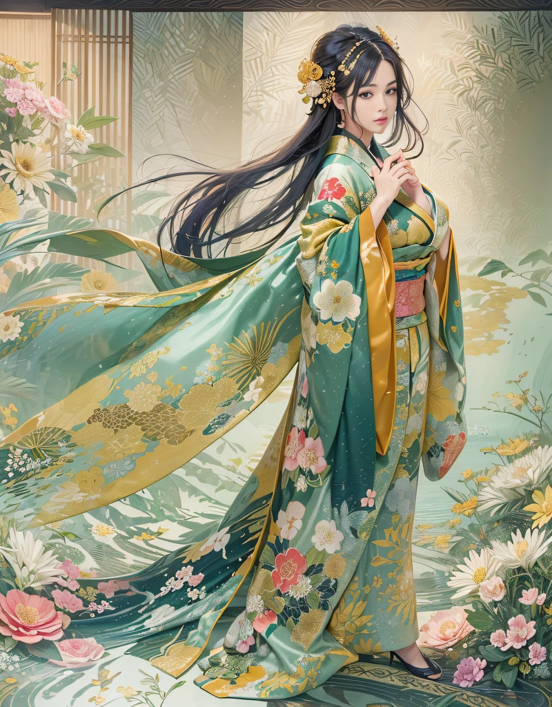 (Beautiful model in Japanese kimono commercial, beautiful straight long black hair), solo, ((face is 80% beauty and elegance, 20% pretty and cute:1.5)), clear eyes, (detailed eyes, light green eyes, bright pupils), Double Eyelids, (sexy lips with a little thickness:1.2), ((super detailed and incredibly high resolution Golden Kimono:1.2)), Highly Detailed Face Texture, striking body shape, curvy and very attractive woman, high-resolution RAW color photo pro photo, BREAK ultra high-resolution textures, High-res body rendering, big eyes, unparalleled masterpiece, incredible high resolution, super detailed, stunning ceramic skin, BREAK ((Facing back to show the pattern of the Kimono:1.5)), ((Wearing a Rinpa kimono that uses a lot of glittering golden:1.5)), ((The main color is golden and the Rinpa Kimono has very colorful embroidery:1.2)), (Half-collar and Obi are dark blue) ,(elaborately made classical Japanese Rinpa-style Kimono), ((The embroidery pattern is a peacock, a running water pattern, and colorful flowers):1.2), ((elaborately and elegantly decorated Golden Kimono)), (Take a photo in front of a Rinpa folding screen with a golden-coloured, navy-blue flowing water pattern)) BREAK ((Best Quality, 8k)), Crisp Focus:1.2, (Layer Cut, Big:1.2), (Beautiful Woman with Perfect Figure:1.4), (Beautifully shaped breasts:1.3), Slender waist, (Correct hand shape:1.5), (Full body shot | cowboy shot)