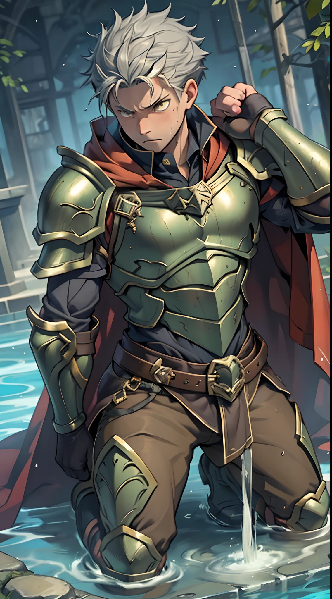 （1 Adult male），A high resolution， Sharp focus， Pixiv masterpiece， （（Complicated details））， highly  detailed， natsuki_subaru， 1 man，Wear tight combat uniforms，Wear armor，perfect male figure，Urine on the trouser leg， Nervously bow your head，is shy，embarressed，exhilarated，is shocked，panicking，worry，A pool of urine formed around him，Very eager to pee，Unbearable，Wet yourself，Urine discharge，full bodyesbian，kneels on the ground，Tired，decadent， Yellow eyes（eyes glowing）， Short gray hair，Armour，Tie a belt，Cloaked，Cloak，Shoulder armor，perspire，Drenched，Get wet，pissing，urine flows down the pants，look from down