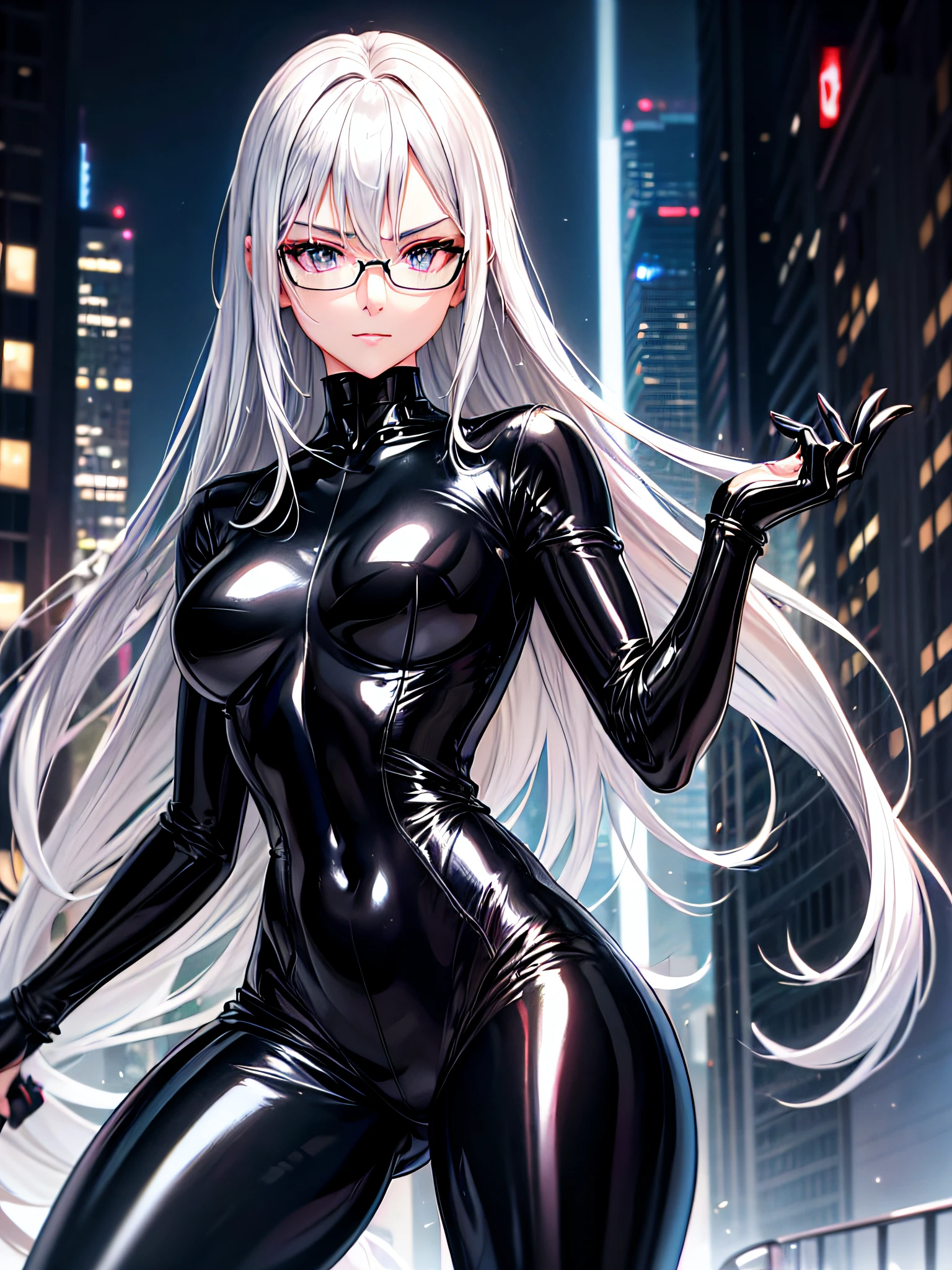 5 8K UHD、A beautiful woman with a small nose with silver hair in a shiny black rider suit with skin hidden up to the tips of black shiny fingertips wearing glasses is looking down、Late night city、Wearing a shiny black latex slider suit with hidden skin、Shiny black latex slider suit、Beautiful-headed woman with one leg raised expressionless