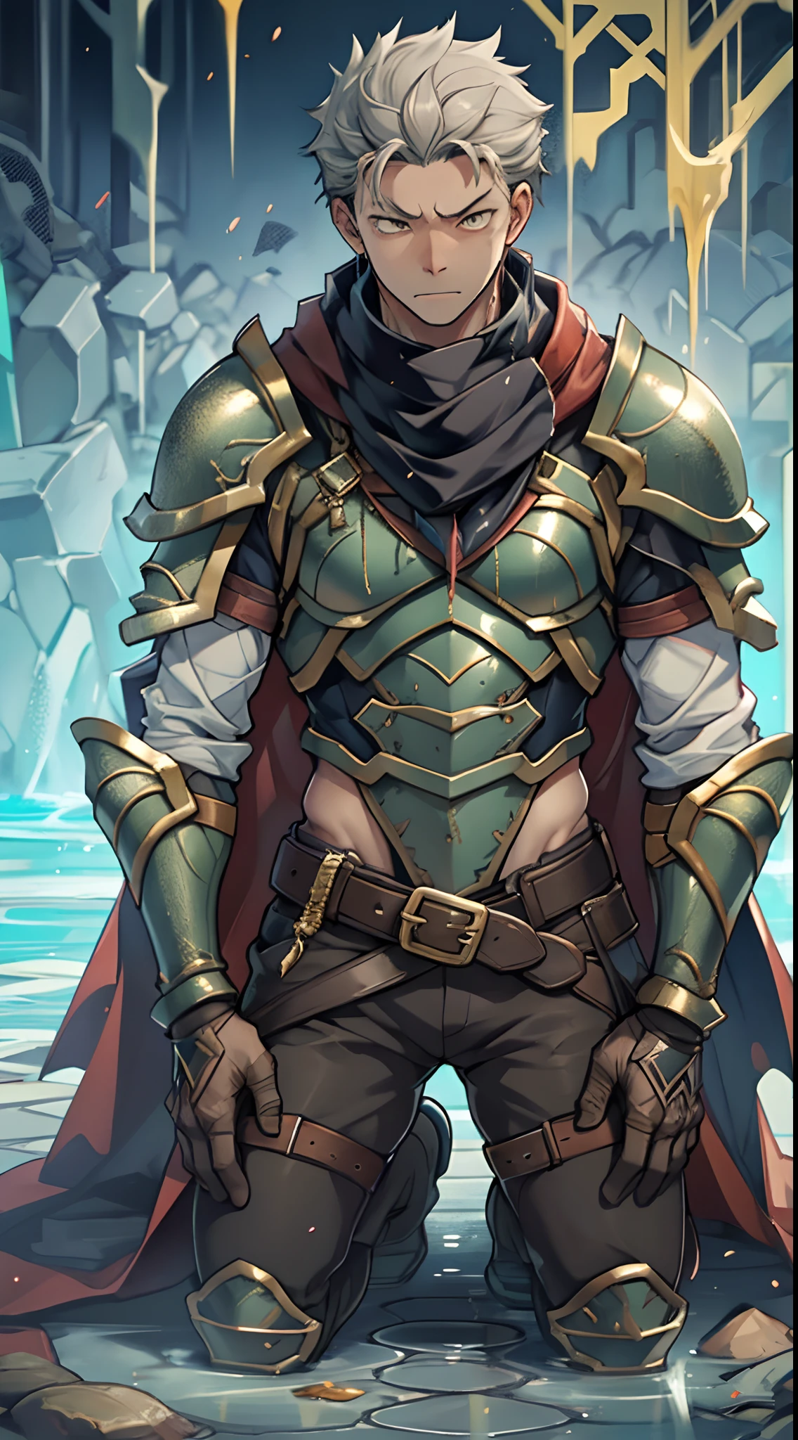 (1 Adult male),A high resolution, Sharp focus, Pixiv masterpiece, ((Complicated details)), highly detailed, natsuki_subaru, 1 man,Wear tight combat uniforms,Wear armor,perfect male figure,Urine on the trouser leg, Nervously bow your head,is shy,embarressed,exhilarated,is shocked,panicking,worry,A pool of urine formed around him,Very eager to pee,Unbearable,Wet yourself,Urine discharge,full bodyesbian,kneels on the ground,Tired,decadent, Yellow eyes(eyes glowing), Short gray hair,Armour,Tie a belt,Cloaked,Cloak,Shoulder armor,perspire,Drenched,Get wet,pissing,urine flows down the pants,look from down