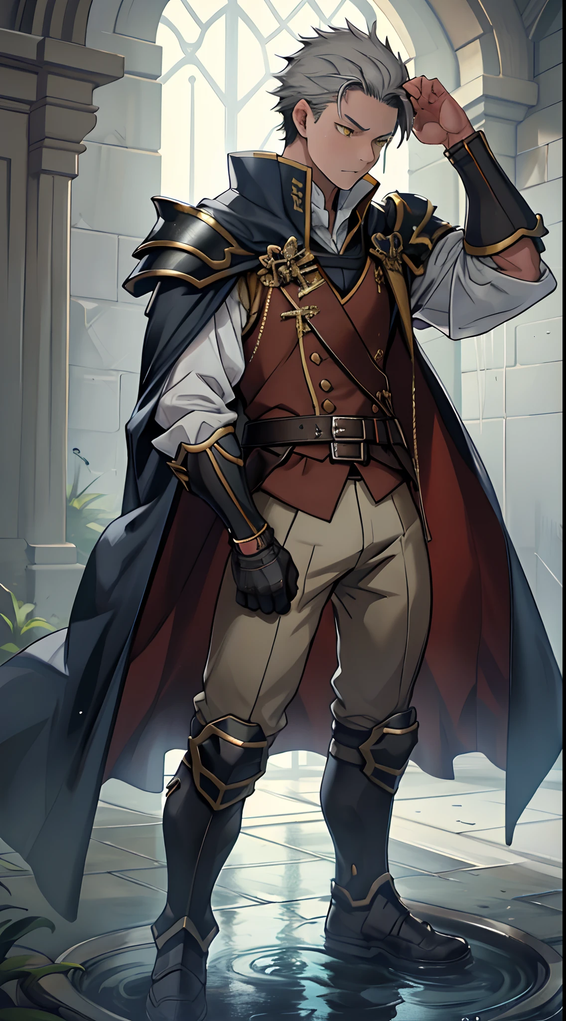 （1 Adult male），A high resolution， Sharp focus， Pixiv masterpiece， （（Complicated details））， highly  detailed， natsuki_subaru， 1 man，Wear combat uniforms，perfect male figure，Urine on the trouser leg， Nervously bow your head，is shy，embarressed，exhilarated，is shocked，panicking，worry，A pool of urine formed around him，Very eager to pee，Unbearable，Wet yourself，Urine discharge，full bodyesbian，，Tired，decadent， Yellow eyes（eyes glowing）， Short gray hair，White armor，Tie a belt，Cloaked，Cloak，Shoulder armor，perspire，Drenched，Get wet，pissing，urine flows down the pants，look from down