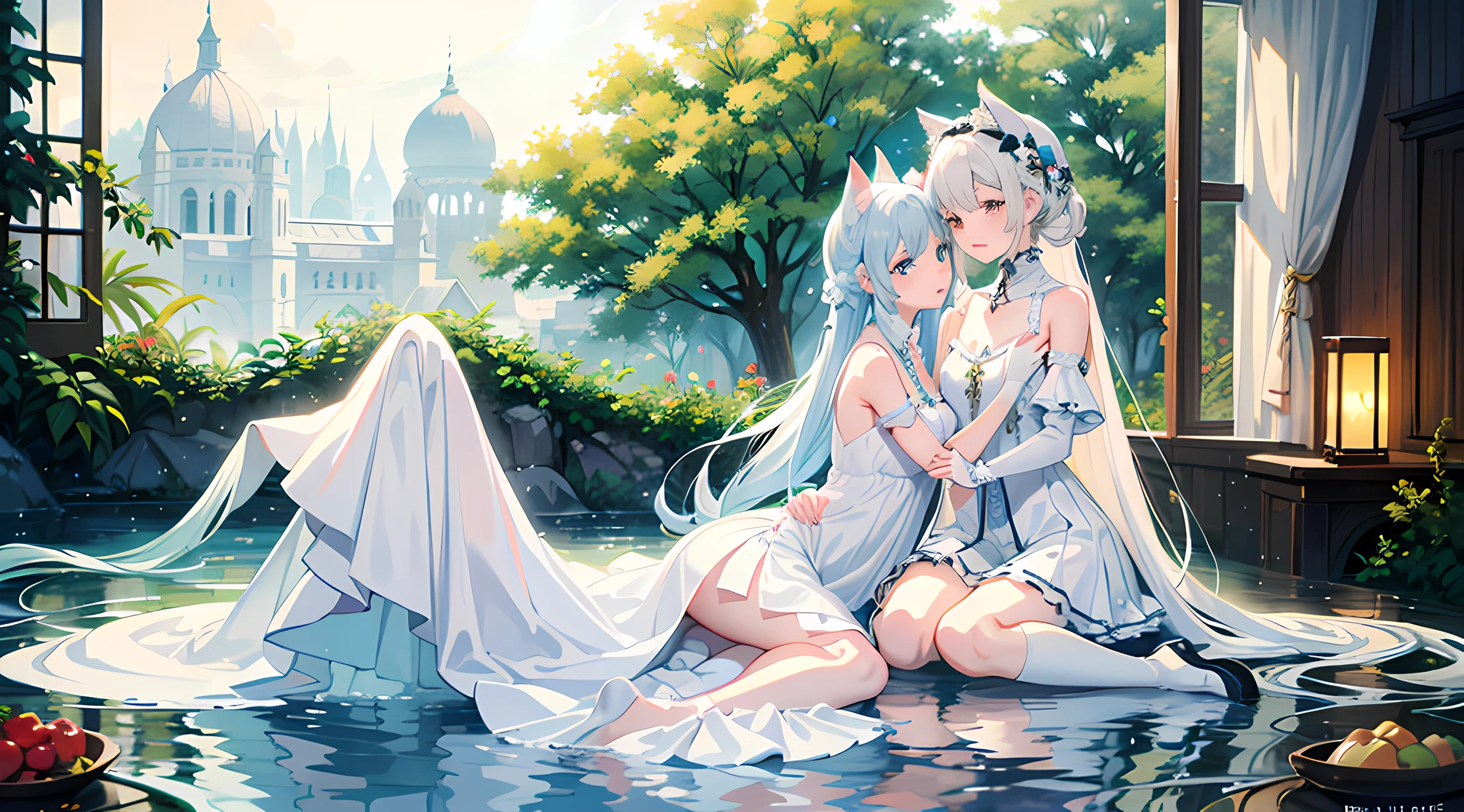 Exquisite and elegant,Masterpiece,cute-style,white scrunchie,Stylish side braids,,Unique heterochromic eyes,Crisp white dress,Cute cat ear headdress,Playful dull fur,with fair skin,The two hugged intimately,The head is buried in the arms of the other person,gentle kiss,contemporary vibe,Glamorous striped knee-length socks,Natural soft light,Dingdall effect。