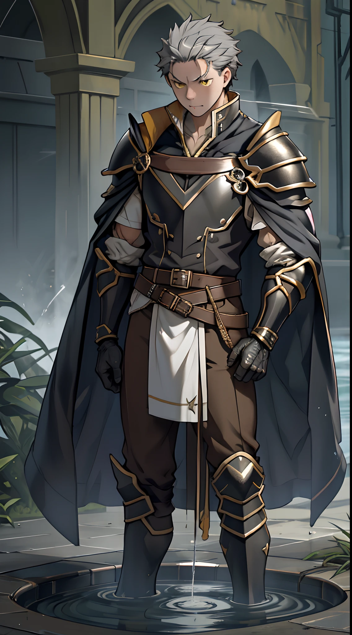 （1 Adult male），A high resolution， Sharp focus， Pixiv masterpiece， （（Complicated details））， highly  detailed， natsuki_subaru， 1 man，Wear combat uniforms，perfect male figure，Urine on the trouser leg， Nervously bow your head，is shy，embarressed，exhilarated，is shocked，panicking，worry，A pool of urine formed around him，Very eager to pee，Unbearable，Wet yourself，Urine discharge，full bodyesbian，，Tired，decadent， Yellow eyes（eyes glowing）， Short gray hair，White armor，Tie a belt，Cloaked，Cloak，Shoulder armor，perspire，Drenched，Get wet，pissing，urine flows down the pants，look from down