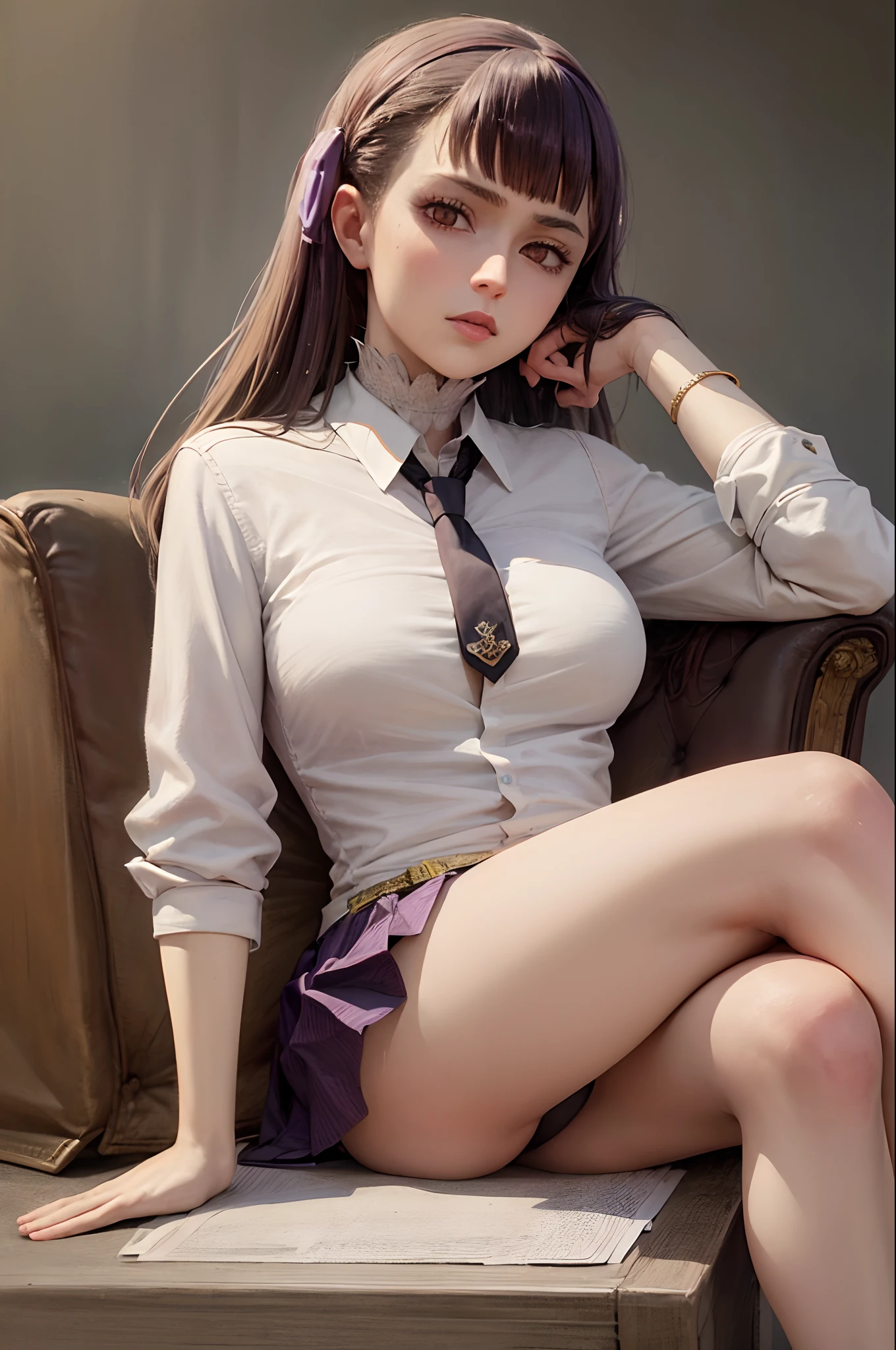 (Prominence in Masterpiece, Best Quality: 1.2), solo, 1 girl,noelle silva, serious, mouth closed, looking at viewer, hand on face, sitting, legs crossed, collared shirt, tie up, skirt, stockings , big thighs, big breasts)