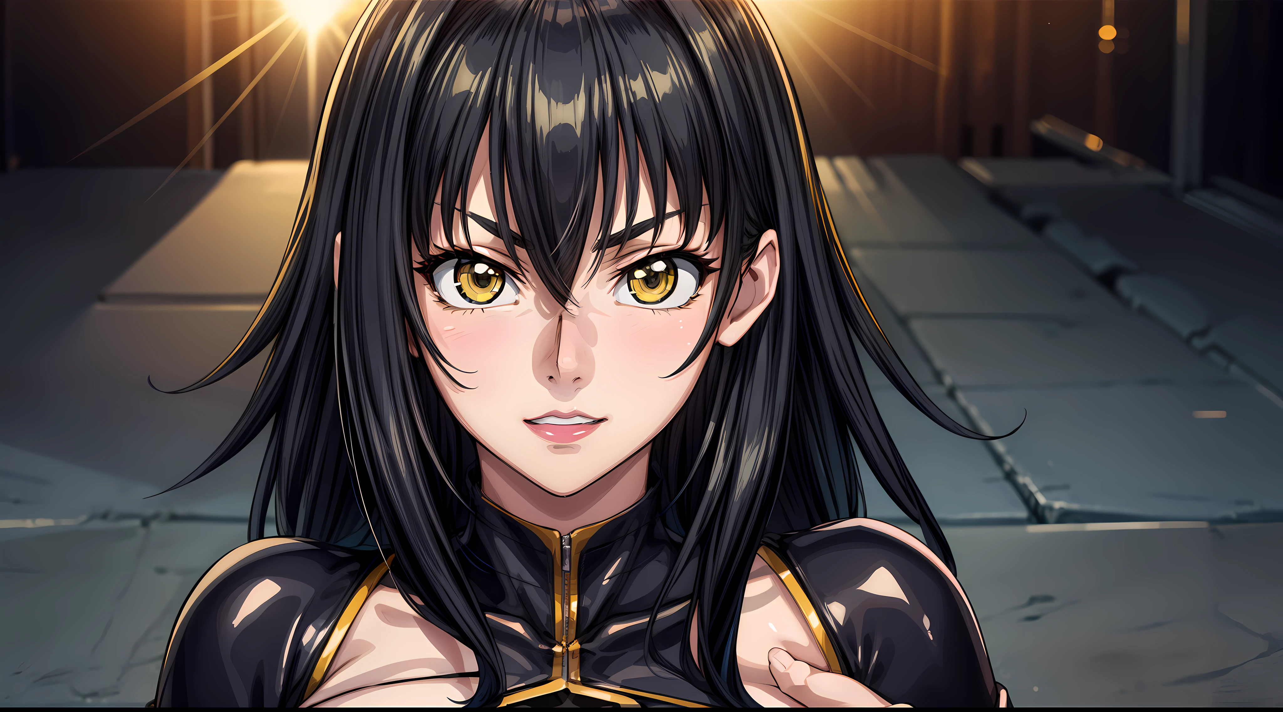 professional artwork, Intricate Details, field of view, sharp focus, detailed painting, photorealistic lighting, trending on pixiv, Standing at attention, black hair,very long hair, Bangs,yellow eyes,makeup, lipstick, 20yo,mature female,Beautiful Finger,Beautiful long legs,Beautiful body,Beautiful Nose,Beautiful character design, perfect eyes, perfect face, looking at viewer, NSFW,official art,extremely detailed CG unity 8k wallpaper, perfect lighting,Colorful, Bright_Front_face_Lighting, (masterpiece:1.0),(best_quality:1.0), ultra high res,4K,ultra-detailed, photography, 8K, HDR, highres, absurdres:1.2, Kodak portra 400, film grain, blurry background, bokeh:1.2, lens flare, (vibrant_color:1.2) (Beautiful,large_Breasts:1.4), (beautiful_face:1.5),(narrow_waist), (solo:1.4), add_detail:1, (((landscape dimension)))