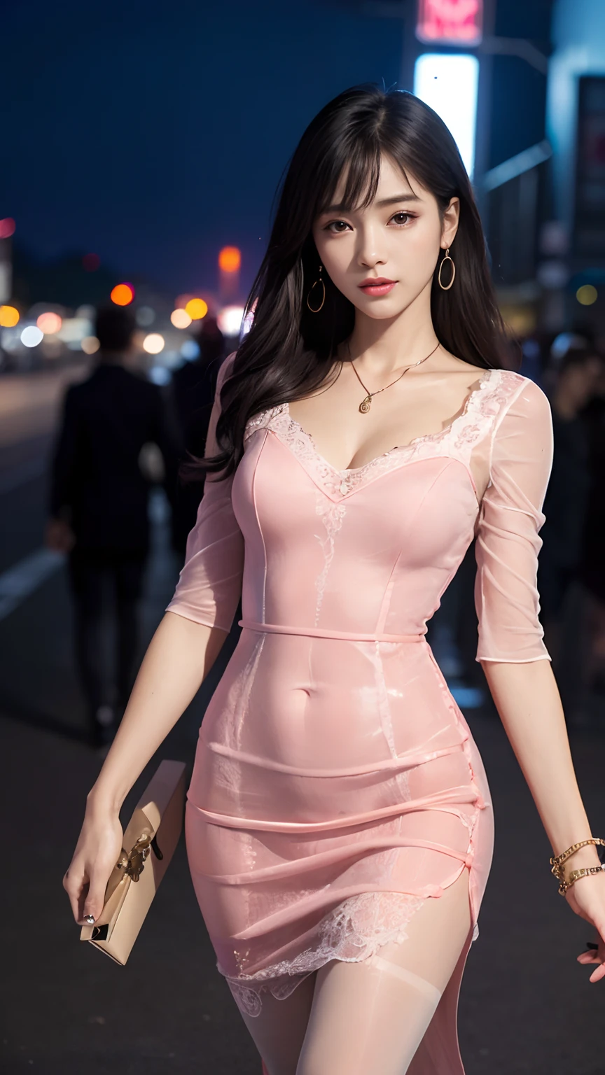 8K, Masterpiece, RAW photo, Best quality, detail:1.2),Photorealistic, Extremely detailed CG unified 8K wallpapers, Depth of field, Cinematic light, Lens flare, Ray tracing, 
(Extremely beautiful face, Beautiful lips, Beautiful eyes), intricate detail face, ((ultra detailed skin)) 1girll, In the dark, deepshadow, 
Pretty Korean girl, Kpop idol,(Very slim and slender muscular body:1.3), ((view the viewer)),(Big smile), (Tight midi dress),(Hot pink dress), (Injection sleeve) ,  (City Night, (neon lights sign), (Night), Pretty Korean girl,  Carry a Hermès bag, White diamond earrings, Diameter bracelet, Dia necklace, Pantyhose, Clear eyes, Walking , front footage, (Pale skin), Face forward, (Big eyes), ((upperbody shots)), ((laced )), tightly dress