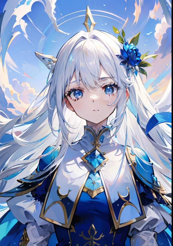 White hair with blue matching,It is a dress that matches white with blue and gold,It is a fairy in the sky