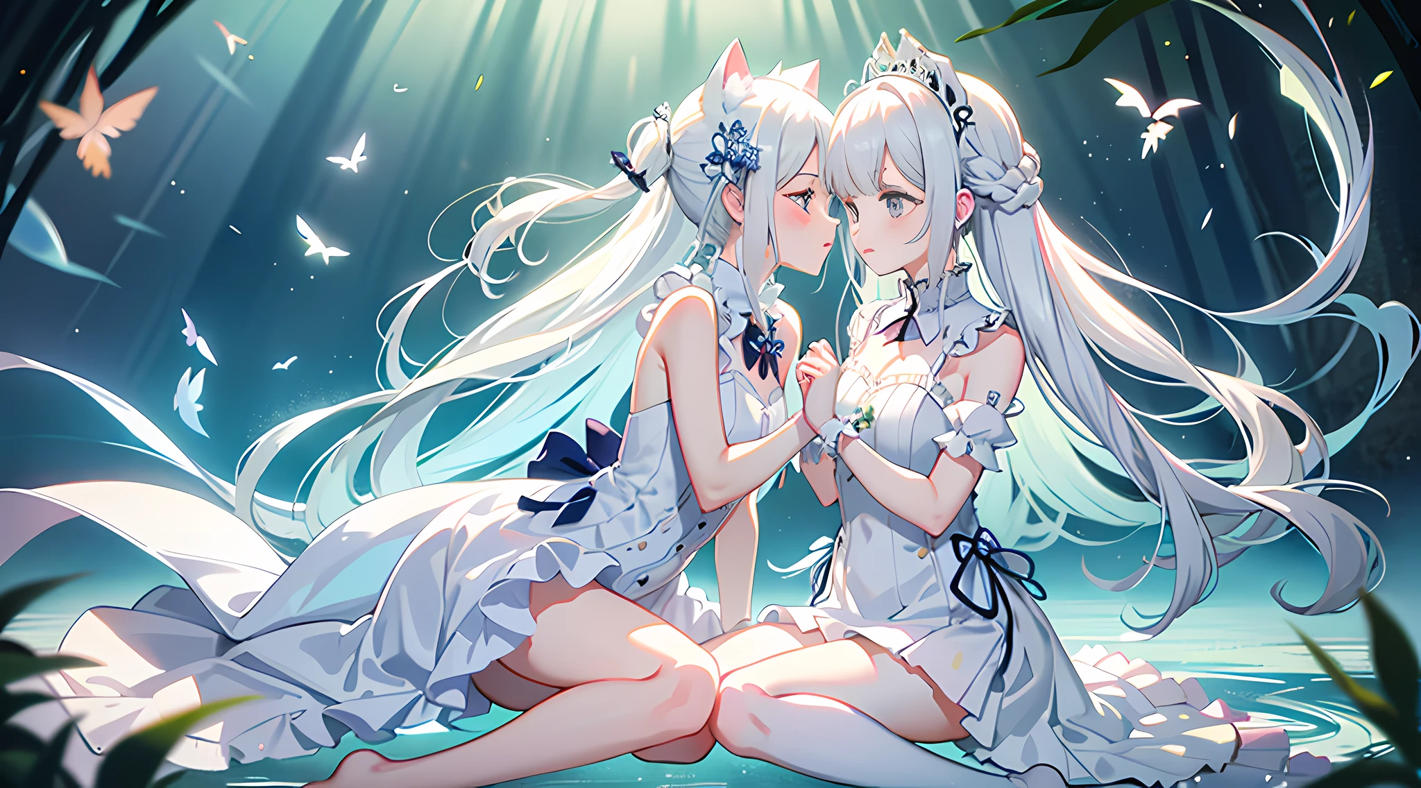 Exquisite and elegant，Masterpiece，cute-style，white scrunchie，Stylish side braids，****，Unique heterochromatic eyes，Crisp white dress，Cute cat ear headdress，Playful dull fur，with fair skin，The two hugged each other intimately，Heads buried in each other's arms，gentle kiss，contemporary vibe，Glamorous striped knee-length socks，Natural soft light，Dingdall effect。