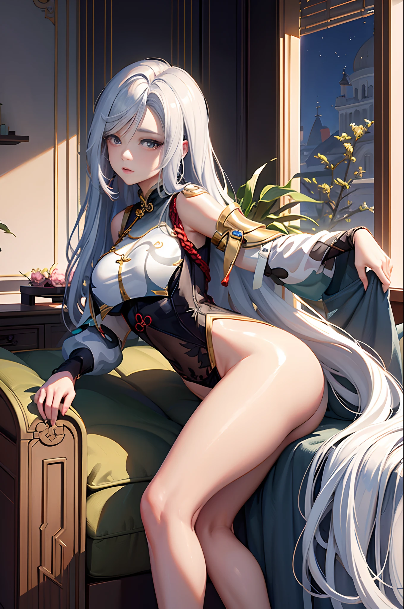 "(top-quality、tmasterpiece:1.2,Unity 16K wallpaper, Masterpiece, Best quality, super ultra detail, Extremely detailed CG, Caustics, Cinematic lighting, Detailed, Beautiful detailed eyes, Solo), 超高分辨率, Fine skin, s girl,long white hair、Smooth skin、Beautiful mouth、Smooth legs、busty figure,Black and white transparent close-fitting cheongsam,Moon,On the sofa,Hands reach out to me,Tall and tall,Visible on the back,Butt visible,Lateral breasts are visible"