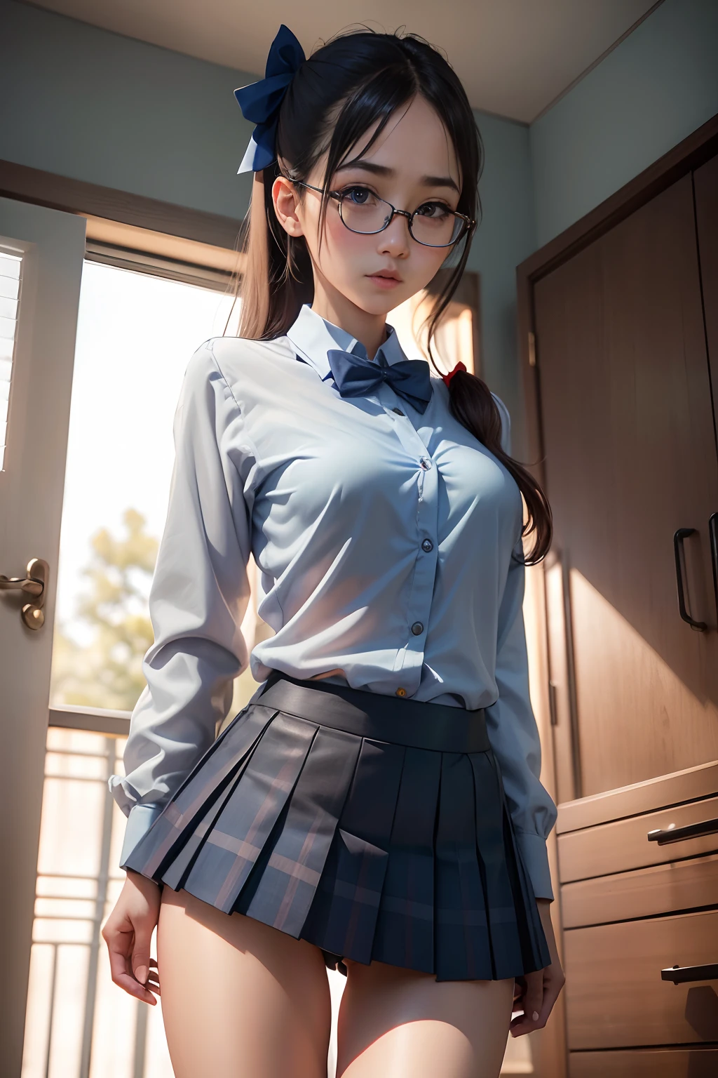 (Long ponytail),(Open the crotch fully open,Open the legs in an M-shape),(teats see through),(8K、Raw photography、top-quality、masterpiece:1.2),Blue Panties,pigeon chest,glamor,Chromo-white skin,cocky,School,watching at viewers,Looking at the front,Muchimuchi,High-pitched clothing,Erotic,Pupils,de pele branca,kne,absurderes,a small face,,Forehead visible,Bangs hanging from the left and right sides of the forehead,(a cold expression,Tight eyes,glares,Bullish,irate)、masterpiece,top-quality、超A high resolution,Raw photo,ren,Beautiful fece,One Person, 独奏,eye glass,,Dark look,Small breasts,fullllbody,Round glasses,JK school uniform,hi-school girl,A Japanese Lady,(Photorealsitic:1.37)、Photon mapping,Realistic、Beautie,Cute little face,Brown-eyed、Black socks、(Red bow tie)、Radio City、Physically Based Rendering、depth of fields、Blurry background、a picture,Body,beauty legs, Long legs, Thin leg,(Bangs are visible), hair, s lips, Blue_The eye, nosesoft,(Light blue shirt), (Navy and blue and white plaid pleated skirt), Knees are visible,Sheer clothing,, Thigh, Black cotton socks,Nogizaka Idol, 女優, Japanese ido