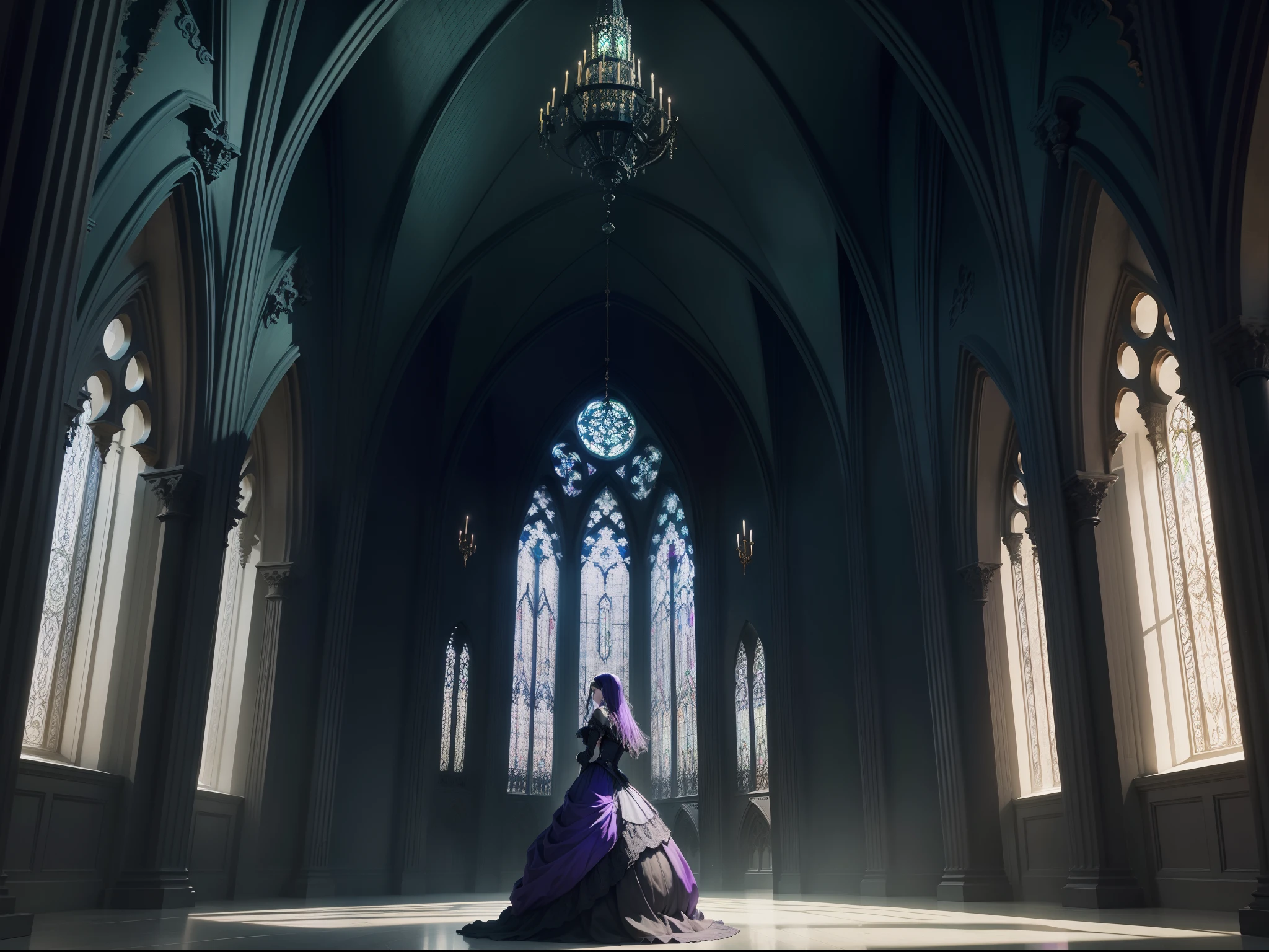 Gothic architectural design, en tonos azules, green and purple.