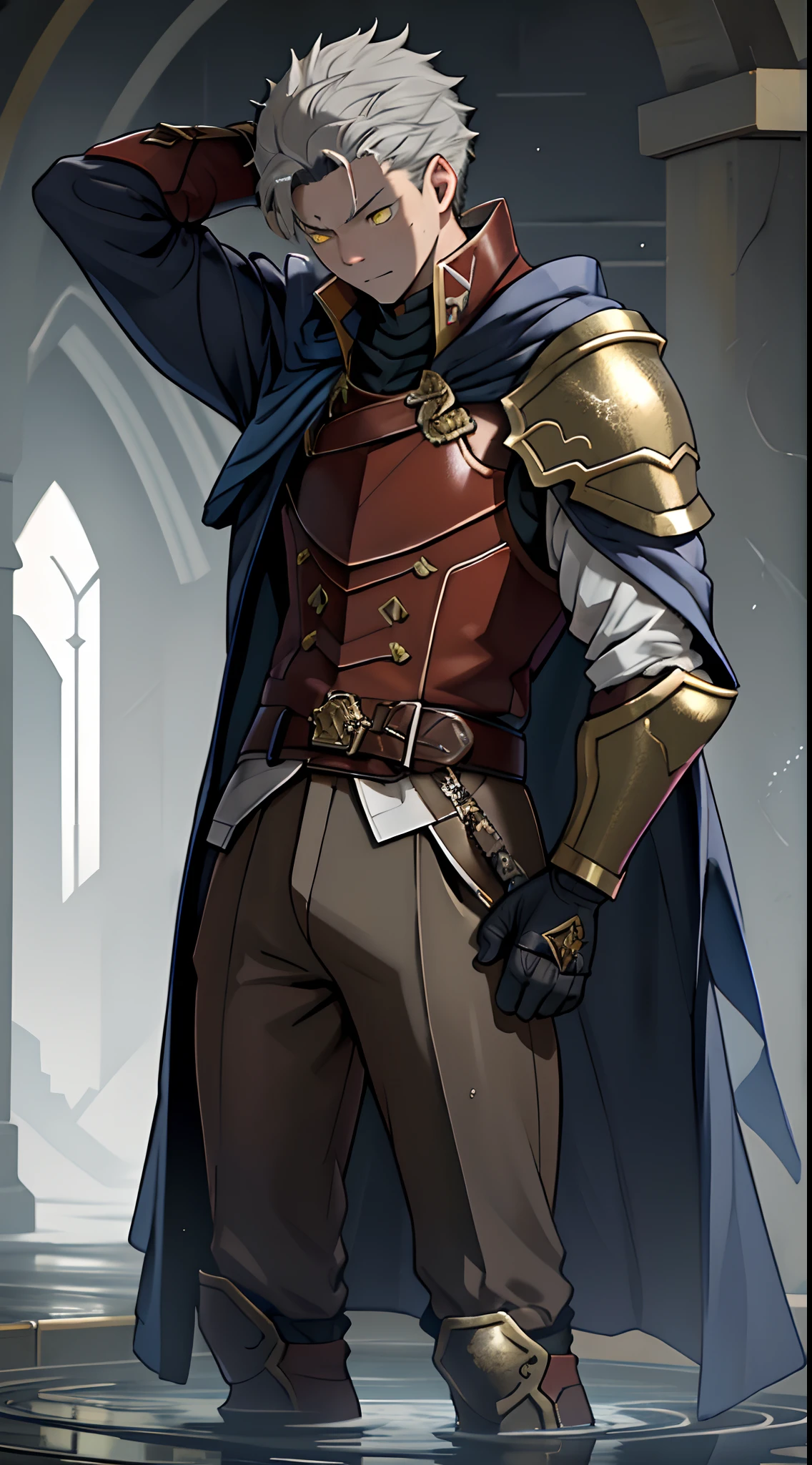（1 Adult male），A high resolution， Sharp focus， Pixiv masterpiece， （（Complicated details））， highly  detailed， natsuki_subaru， 1 man，Wear combat uniforms，perfect male figure，Urine on the trouser leg， Nervously bow your head，is shy，embarressed，exhilarated，is shocked，panicking，worry，A pool of urine formed around him，Very eager to pee，Unbearable，Wet yourself，Urine discharge，full bodyesbian，，Tired，decadent， Yellow eyes（eyes glowing）， Short gray hair，White armor，Tie a belt，Cloaked，Cloak，Shoulder armor，perspire，Drenched，Get wet，pissing，urine flows down the pants，look from down
