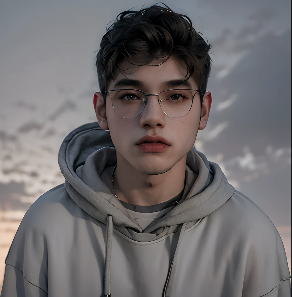 (masterpiece:1.2), (best quality:1.2), hyper realistic,highestres,absurdres,extremely detailed,volumetic,dramatic lighting,(frontal view),
20 year old boy,face,detailed eyes, gray hoodie, black t-shirt, with background ((sky))