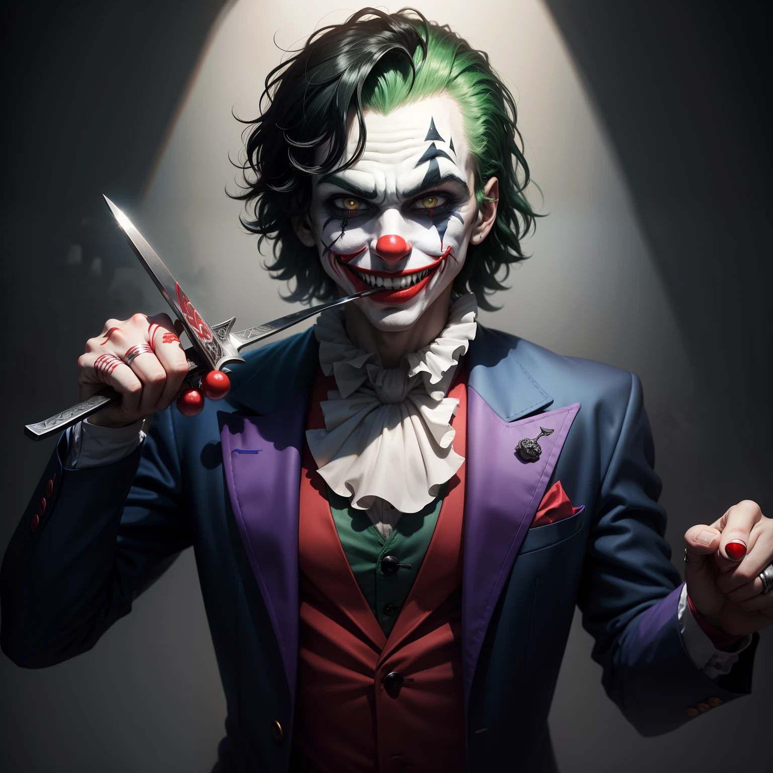 Joker Clown with a knife in his mouth smiling with a look of astonishment and with a rock outfit