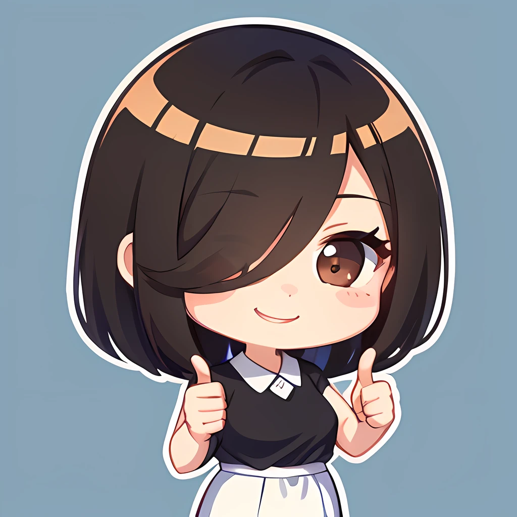 One Woman, 独奏, (twitch emote:1), Chibi, Brown hair, Black eyes, thumb up, A smile, The upper part of the body, comic strip, white backgrounid, a sticker, Thick black outline,Denim dresses、Black blouse、hair down、Brown hair、Hair over one eye、brown haired