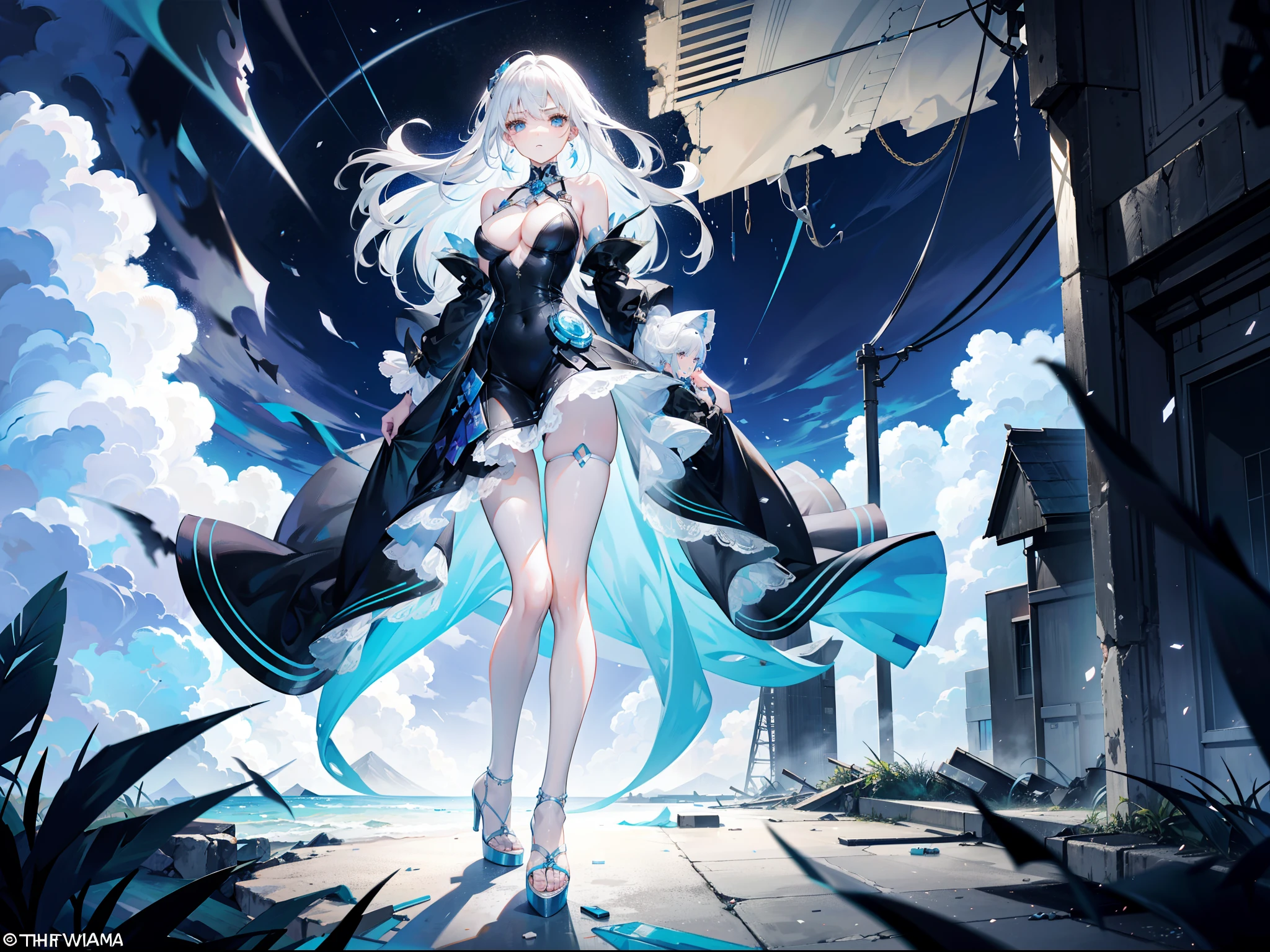 Beautiful girl with white hair，Tall and tall，Slim figure，Poor milk，Wearing a black light blue dress，high-heels，Master the hurricane，The clothes were blown up by the hurricane，Stand in the blue storm hurricane wonderland