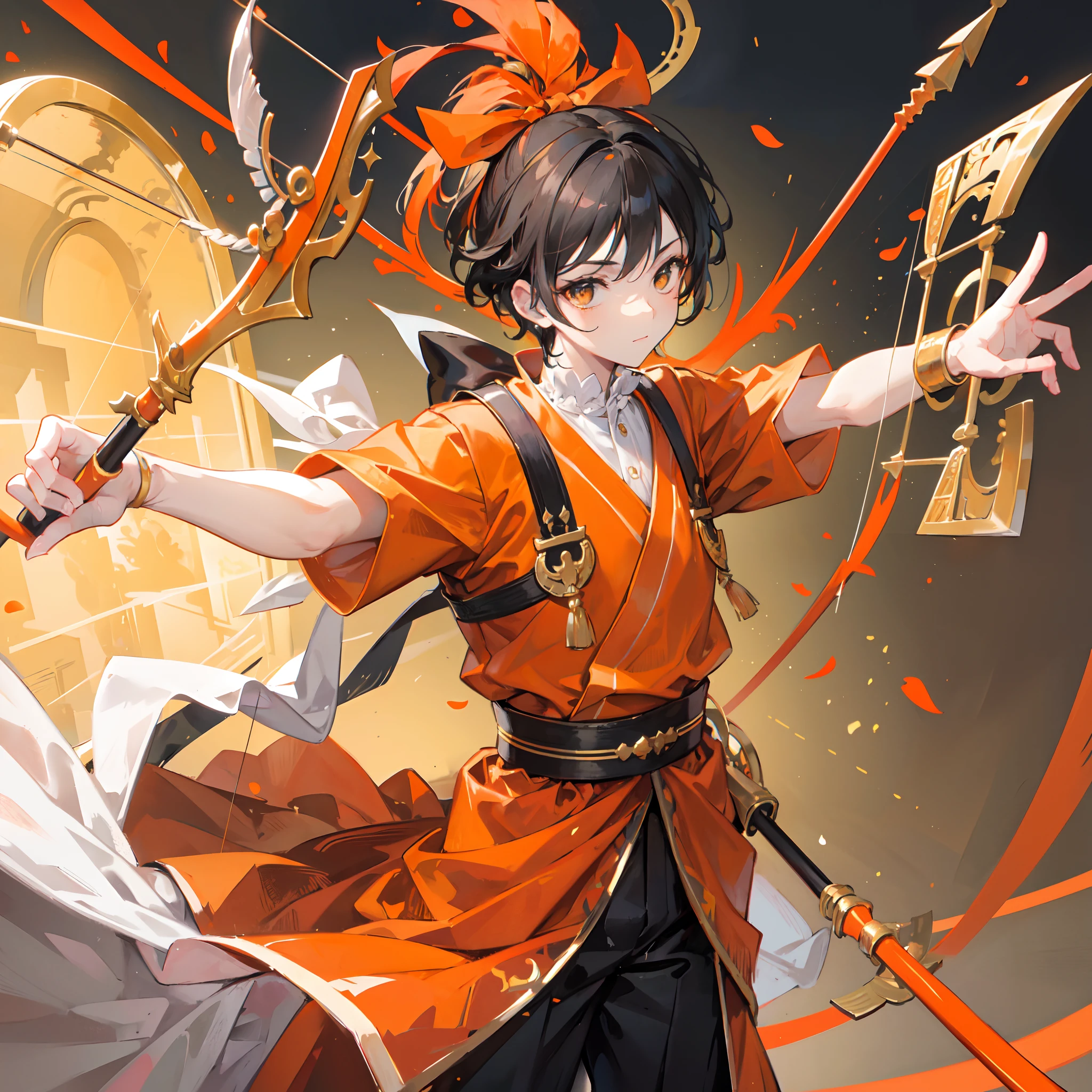 A boy in ancient civilization,with bow and arrows, simple orange outfit,black hairs,in a royal golden palace background