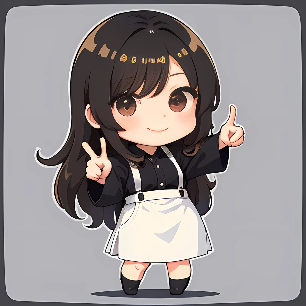 One Woman, 独奏, (twitch emote:1), Chibi, Brown hair, Black eyes, thumb up, A smile, The upper part of the body, comic strip, white backgrounid, a sticker, Thick black outline,Denim dresses、Black blouse、hair down、Brown hair、Hair over one eye、brown haired、Denim long skirt