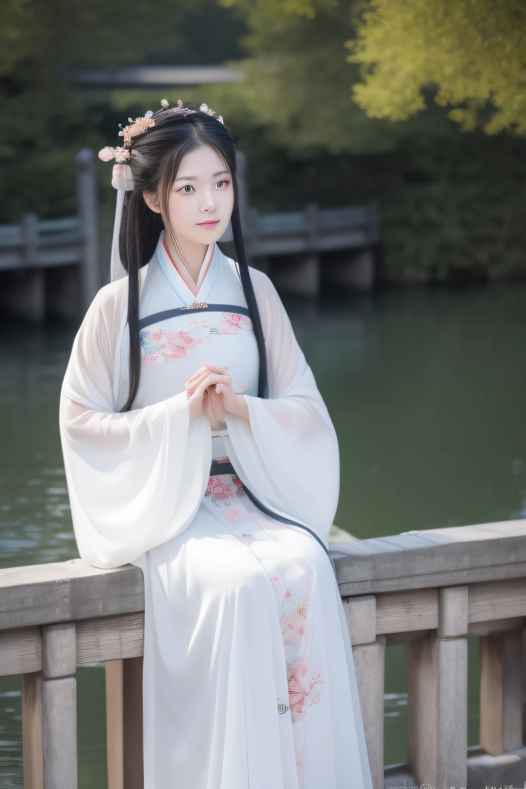 Small bridge flowing water On the bridge deck stands a woman in Hanfu with delicate facial features