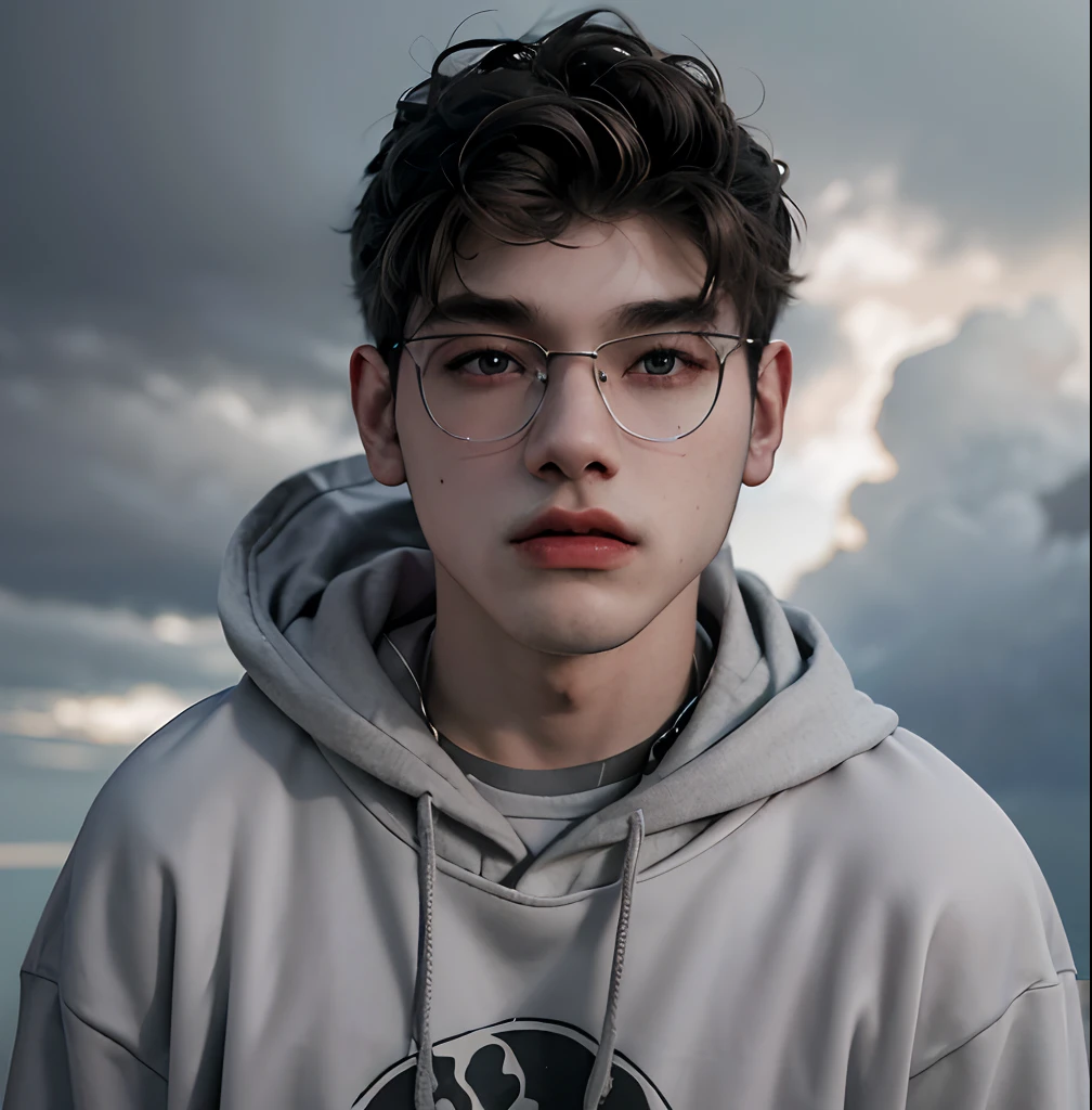 (masterpiece:1.2), (best quality:1.2), hyper realistic,highestres,absurdres,extremely detailed,volumetic,dramatic lighting,(frontal view),
20 year old boy,face,detailed eyes, gray hoodie, black t-shirt, with background ((sky))