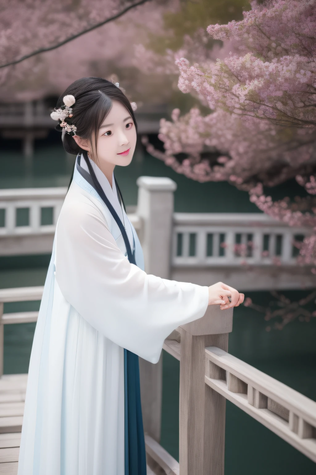 Small bridge flowing water On the bridge deck stands a woman in Hanfu with delicate facial features