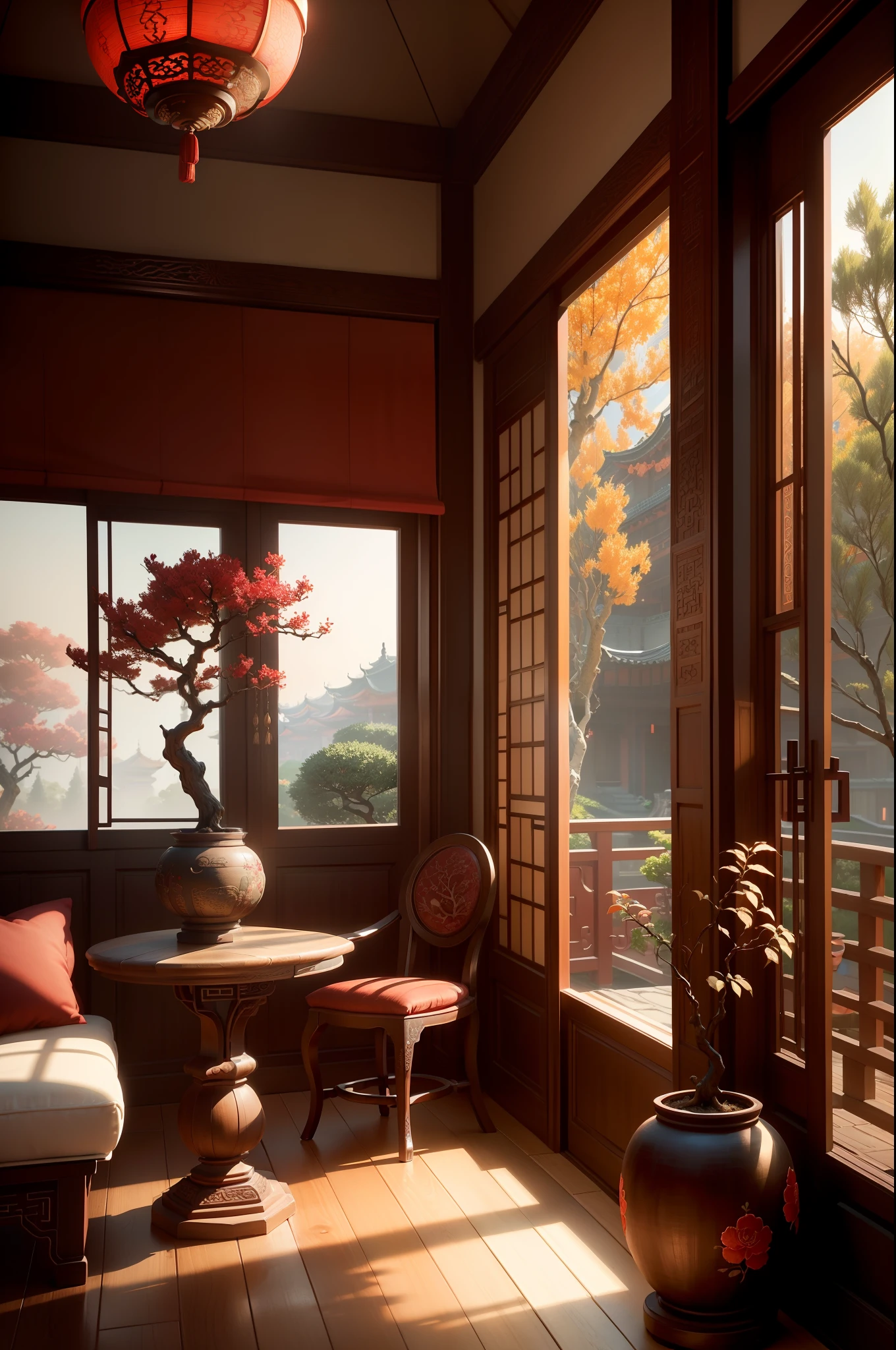 (antique interior design), Chinese home furnishings, round porch, depth, symmetrical design, ((antique carved door beams, carved beam paintings, tables and chairs, bonsai, vases, porcelain, trees, flowers, Chinese lamps, embroidery, screens, beds, cushions, red sand curtains)), exquisite home, rich details, ancient Chinese Ming dynasty style, quiet and elegant atmosphere, red tones as the keynote, exquisite and soft painting style, cinematic lighting effects, HD picture quality, soft light, Tyndall effect, dreamy, rich details, Reference Gu Kaizhi, 32k, high quality, high resolution, (very detailed CG unity 8k wallpaper)