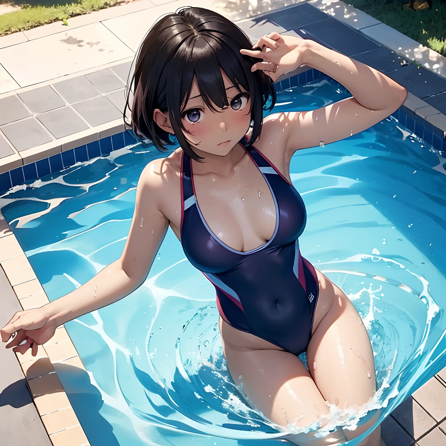 Nanasaki、sun burn、darkskinned、Competitive swimsuit、swimming pools、evening、teats、Crotch opening、Sunburn marks、natsu、A dark-haired、short-cut、Turn here、From above