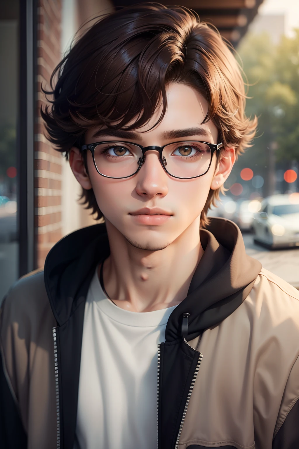18yr old，brown  hair，Single Eyelids，Male college student，high qulity，with glasses，catss，head portrait