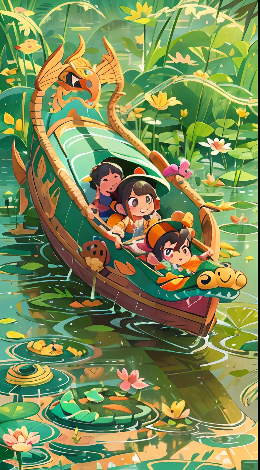 The scene of the Chinese Dragon Boat Festival,Several cute little girls from England racing dragon boats,he is happy,With a smile,rice dumpling,Lotus lanterns float in the river,Bright background,cinema shot,in an art nouveau style,Organic and smooth lines,Futuristic colorful pie waves,intricate and bizarre illustrations,swirles,colorful turbulence,High resolution Ultra Detail --S 400