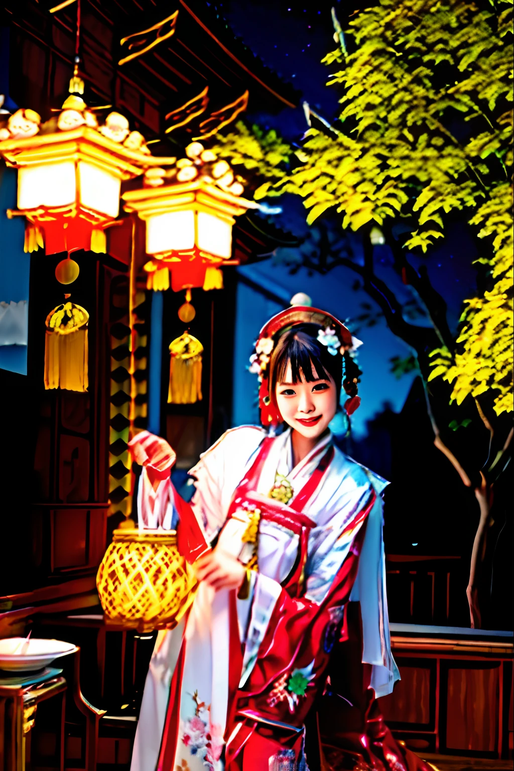 Asian woman in traditional dress holding basket and lantern, Palace , A girl in Hanfu, Hanfu, Wearing ancient Chinese clothes, with acient chinese clothes, Traditional Chinese clothing, Chinese costume, girl under lantern, Chinese traditional, Chinese style, holding a lantern, Chinese girl, Traditional beauty, White Hanfu, Chinese dress,anime big breast