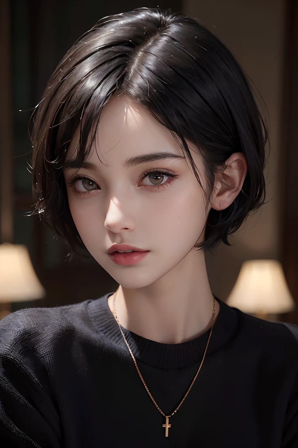 (masterpiece:1.3), (8k, photorealistic, RAW photo, best quality: 1.4), (1girl), beautiful face, (realistic face), (black hair, short hair:1.3), beautiful hairstyle, realistic eyes, beautiful detailed eyes, (realistic skin), beautiful skin, (sweater), absurdres, attractive, ultra high res, ultra realistic, highly detailed, golden ratio